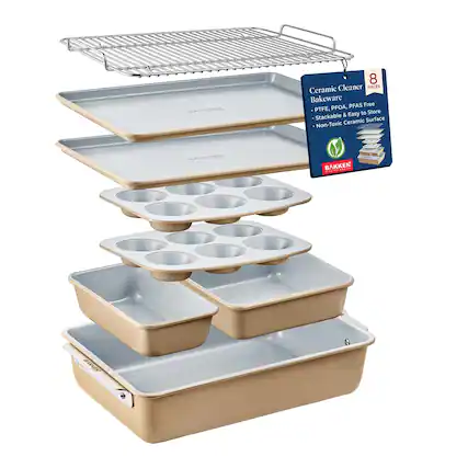 8 PIECES Ceramic Bakeware PTFE, PFOA, PFAS Free Stackable & Easy to Store Non-Toxic Ceramic Surface BAKKEN