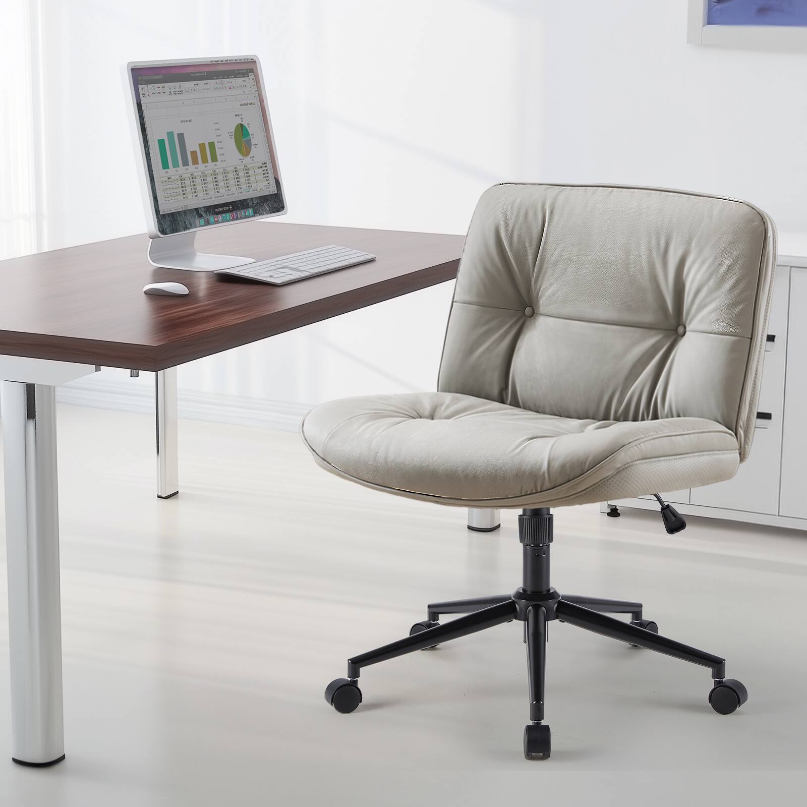 Alt View 1. PexFix - Wide Office Chair with Wheels, Sturdy Armless Desk Chair, Convertible to Fixed Legs, Swivel Rocking Task Chair for Home - Khaki.