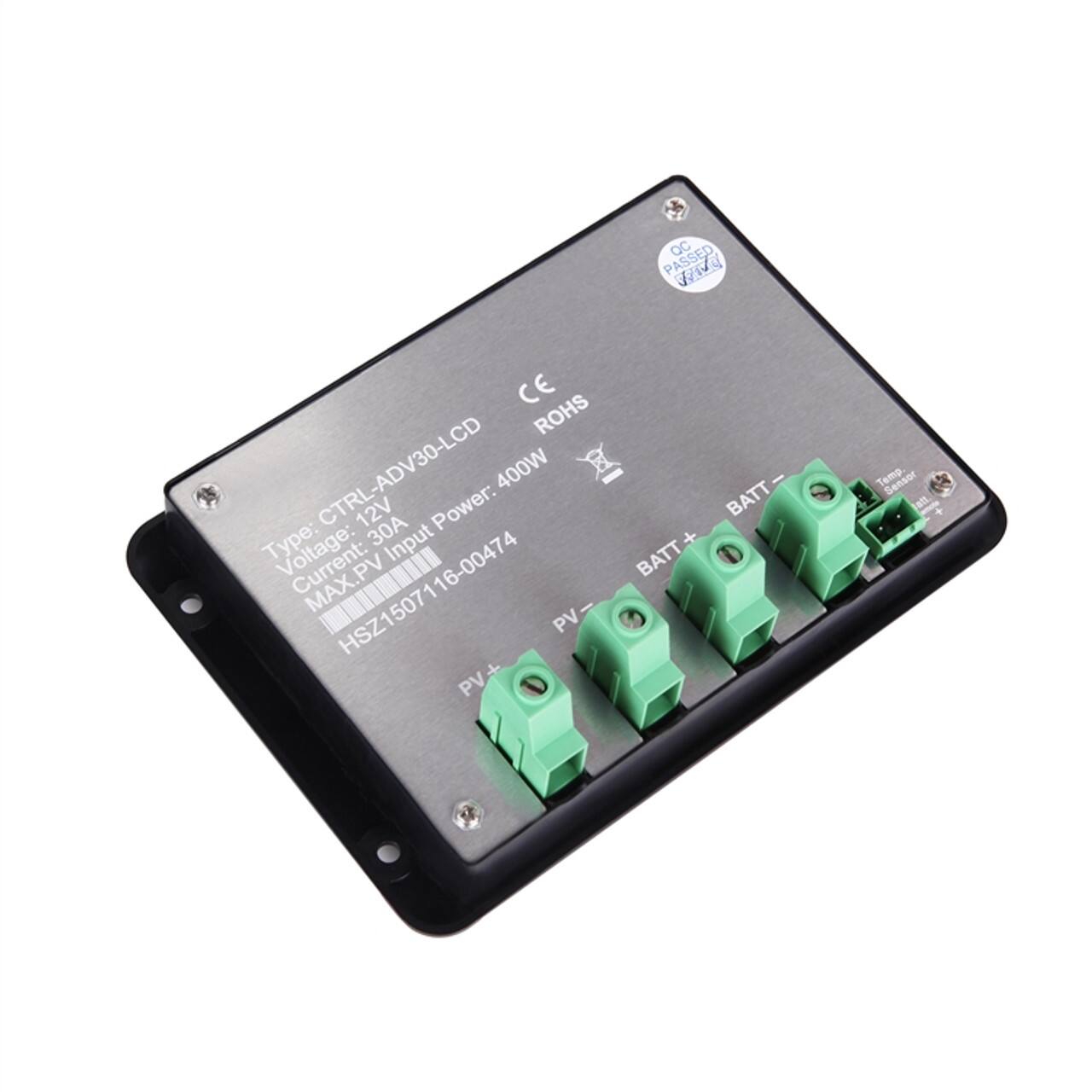 The text on the image reads "QC PASSED CE ROHS CTRL-ADV30-LCD 400W 12V 30A Power: Type: Current: Input 116-00474 HSZ1507116-00474 HSZ15071 PV PV+ BATT BATT Temp Sensor anL + A." This text describes the features and specifications of the electronic device, which includes a power supply with a voltage of 12V and a current of 30A. The device also has a control panel with an LCD display, and it is designed to work with a temperature sensor. The text also indicates that the device has passed quality control and complies with environmental regulations such as ROHS and CE.