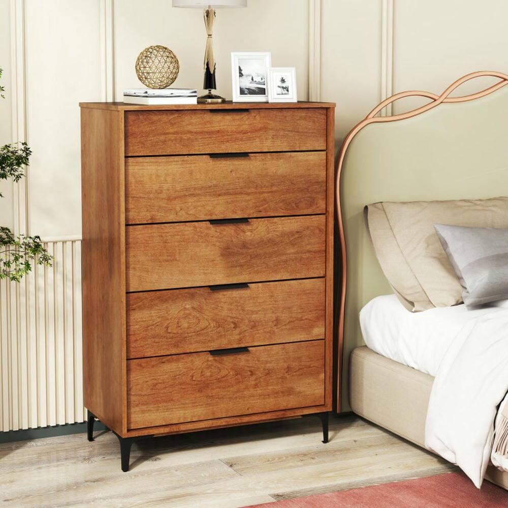 Alt View 5. Kadyn - Storage Dresser,Chest of Drawers,5-Drawer Dresser with Interlock System for Bedroom Living Room-Cherry - Brown.