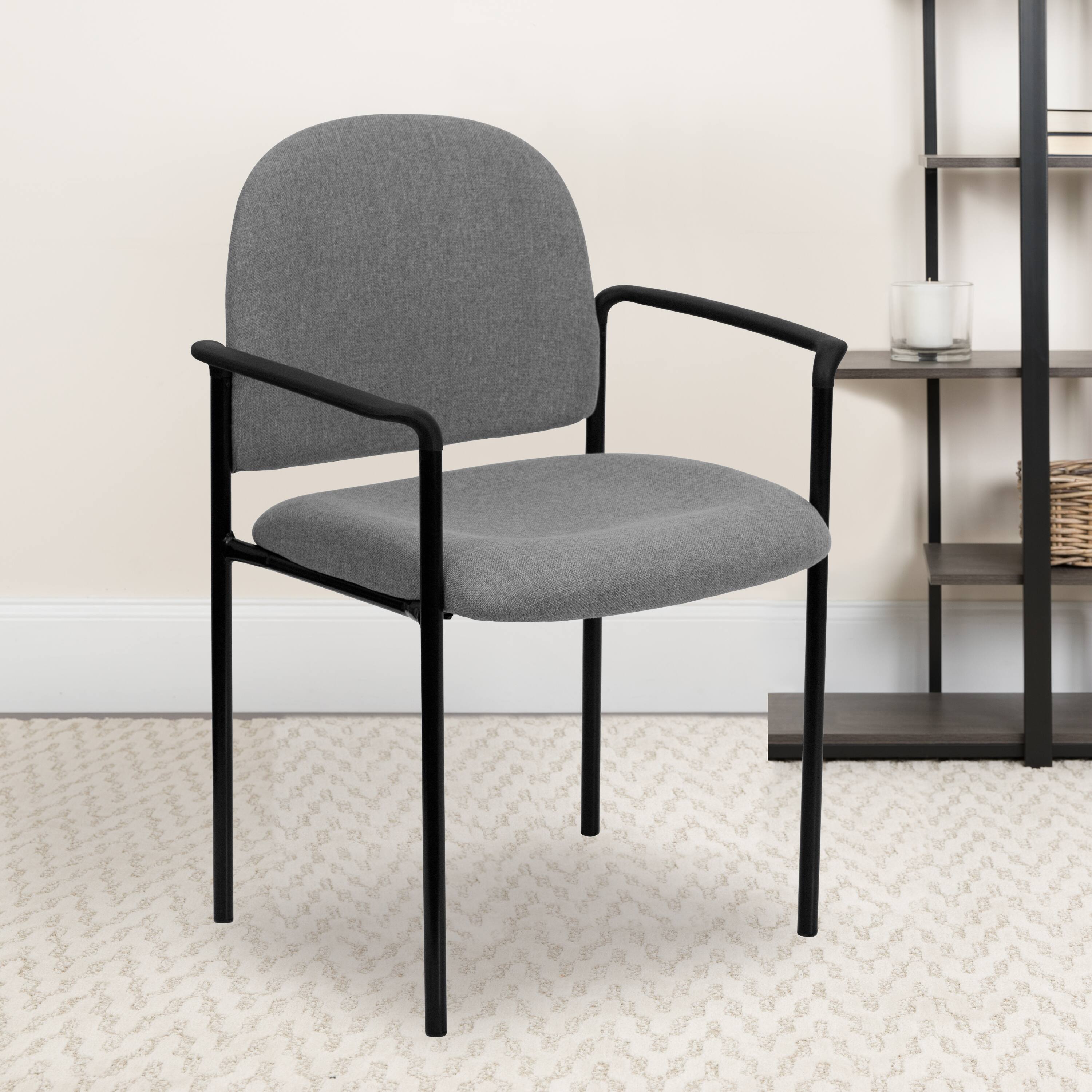 Alt View 1. Emma + Oliver - Comfort Stackable Steel Side Reception Chair with Arms - Gray Fabric.