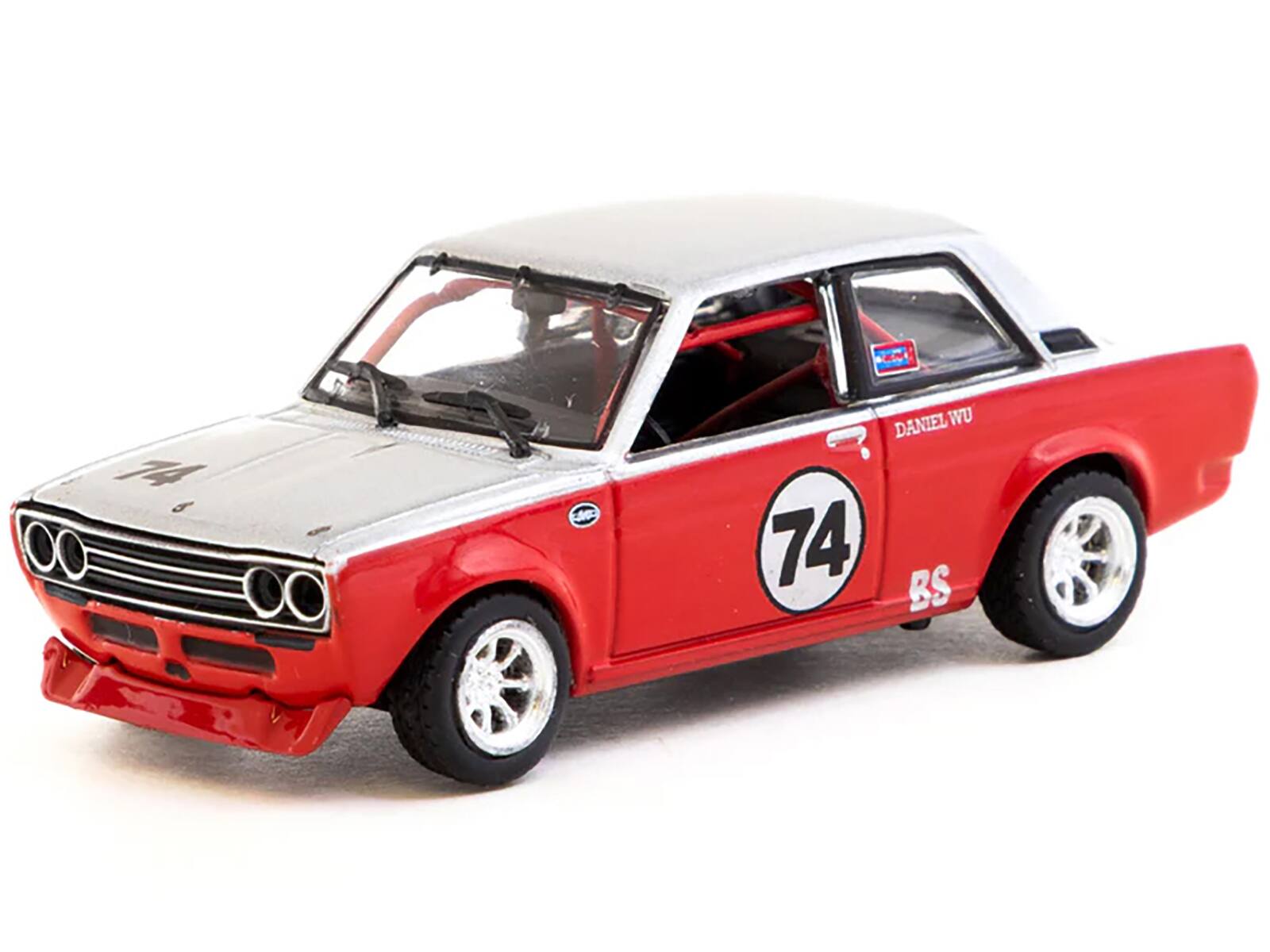 Alt View 1. Tarmac Works - Datsun 510 #74 Daniel Wu "Trans-Am B-Sedan 2.5 Challenge" (2023) Silver and Red "Hobby64" 1/64 Model Car by Tarmac Works.