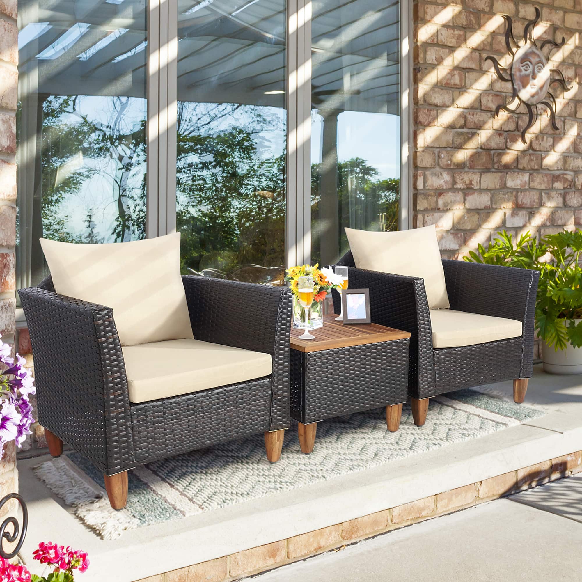 Gymax - 3PCS Patio Furniture Set Conversation Bistro Set w/ Acacia Wood & Cushions - Beige price history on PriceWatchPro