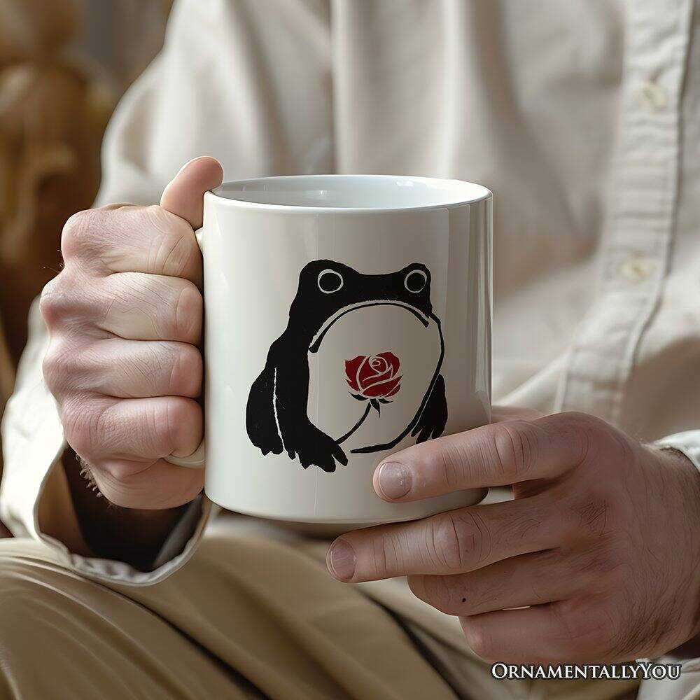 Left. OrnamentallyYou - Romantic Japanese Frog with Rose Mug, Matsumoto Hoji Edo Period Frog Lover Gift - White.