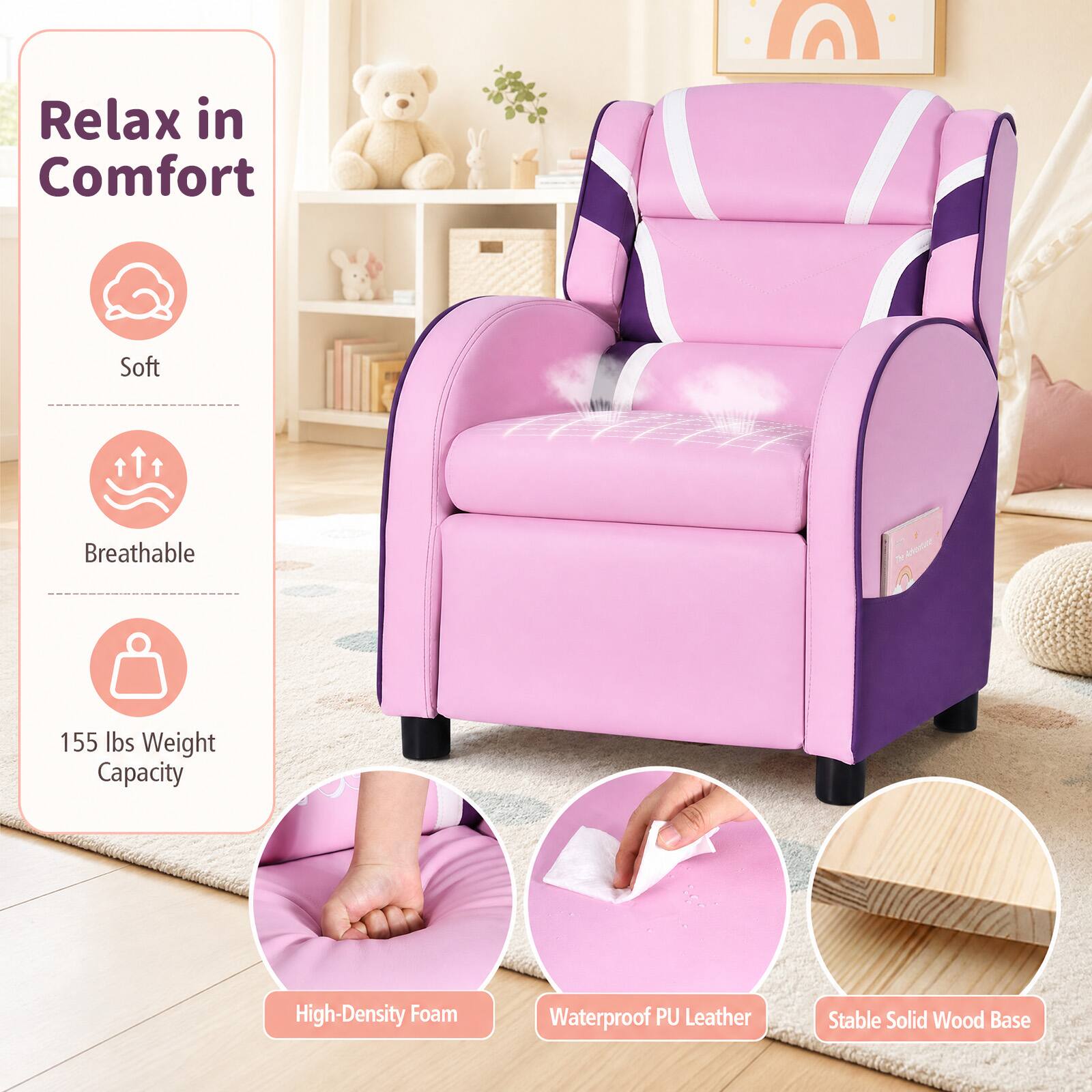 Relax in Comfort

- Soft
- Breathable
- 155 lbs Weight Capacity
- High-Density Foam
- Waterproof PU Leather
- Stable Solid Wood Base