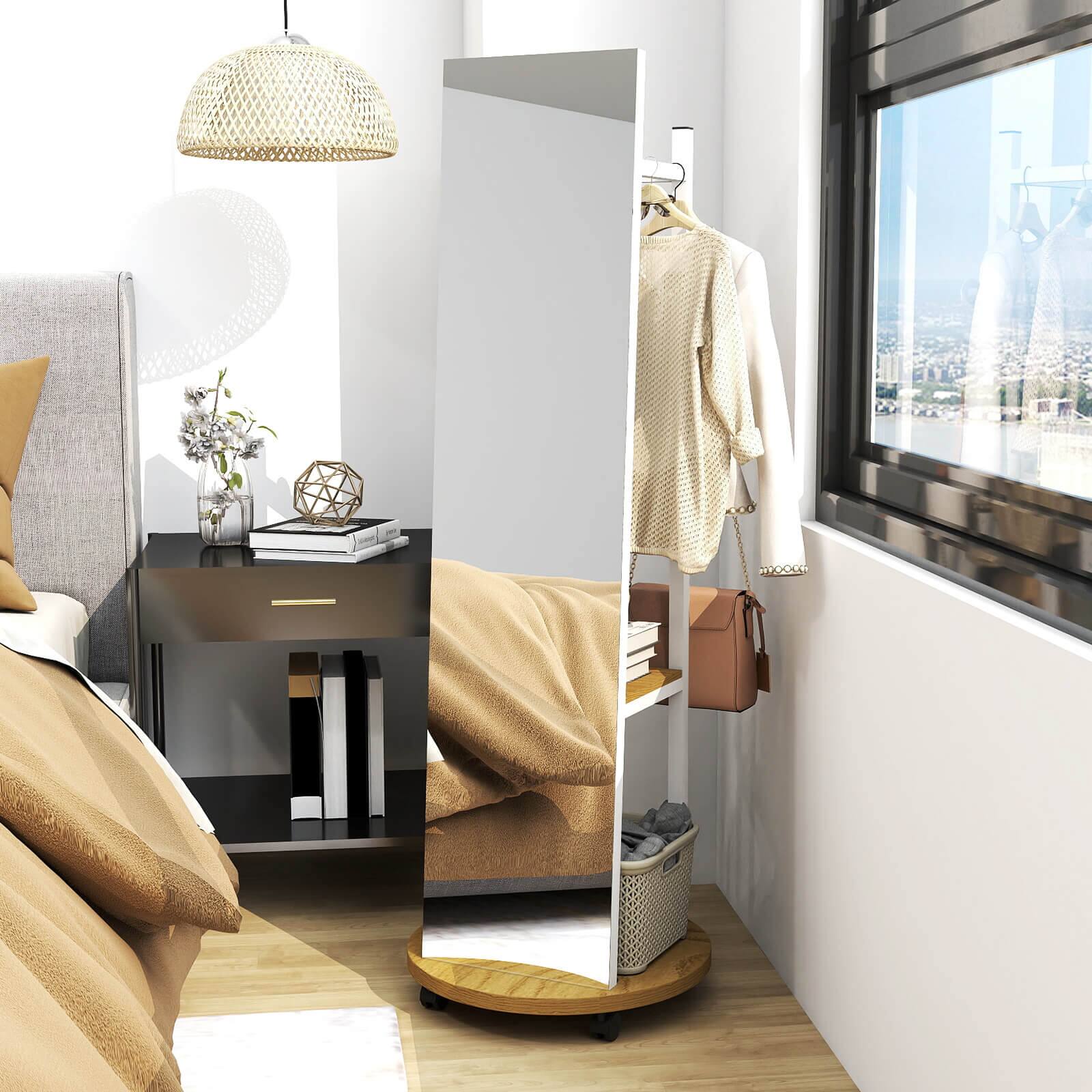 Alt View 4. Costway - Costway Coat Rack with Full Length Mirror, 3 Hooks & Storage Shelves, 360° Swivel Wheels - White,Natural.