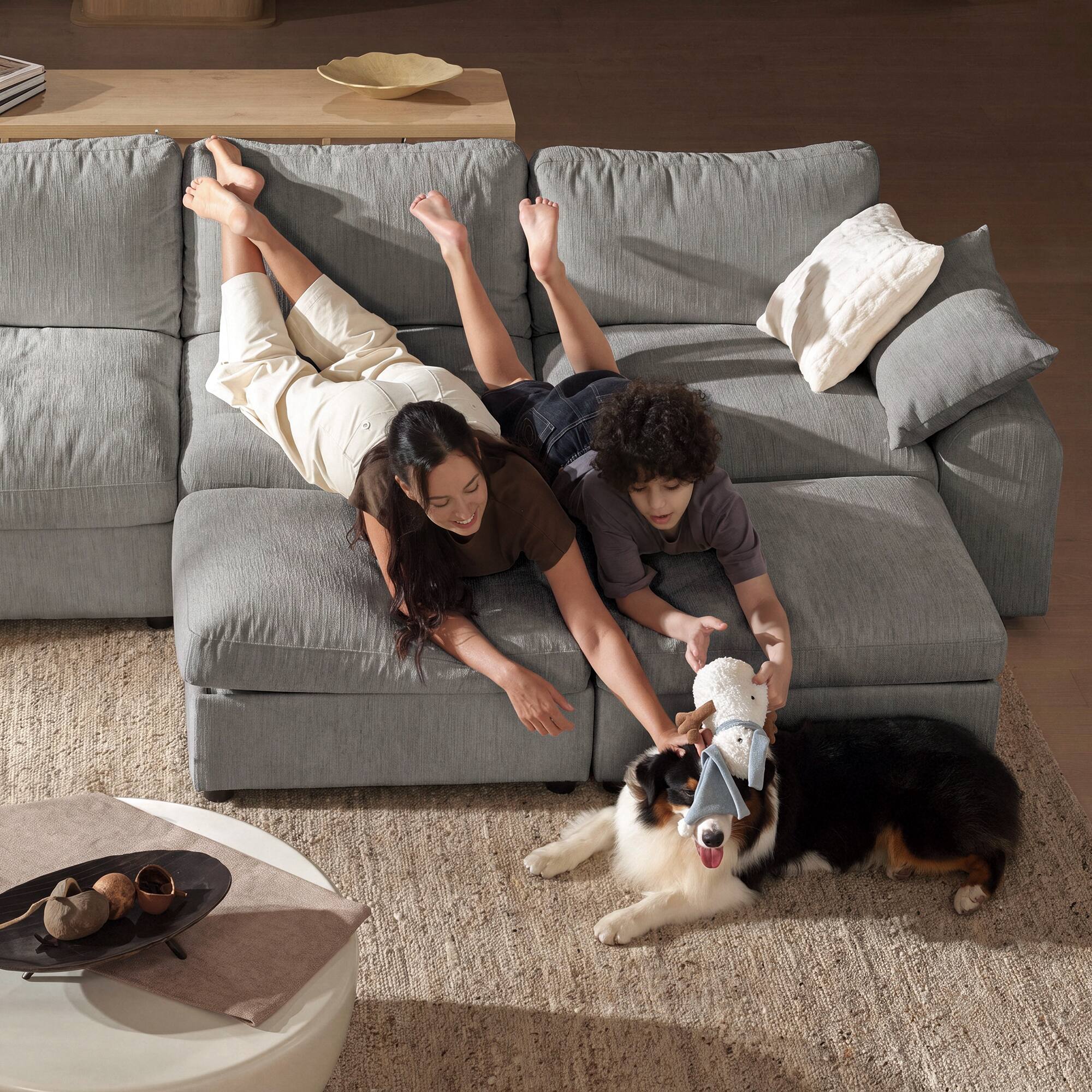 Left. ModernMate - Chenille Cloud Modular Sectional, Down-Blend Cushions, Tool-Free Assembly, Machine-Washable Covers - Gray.