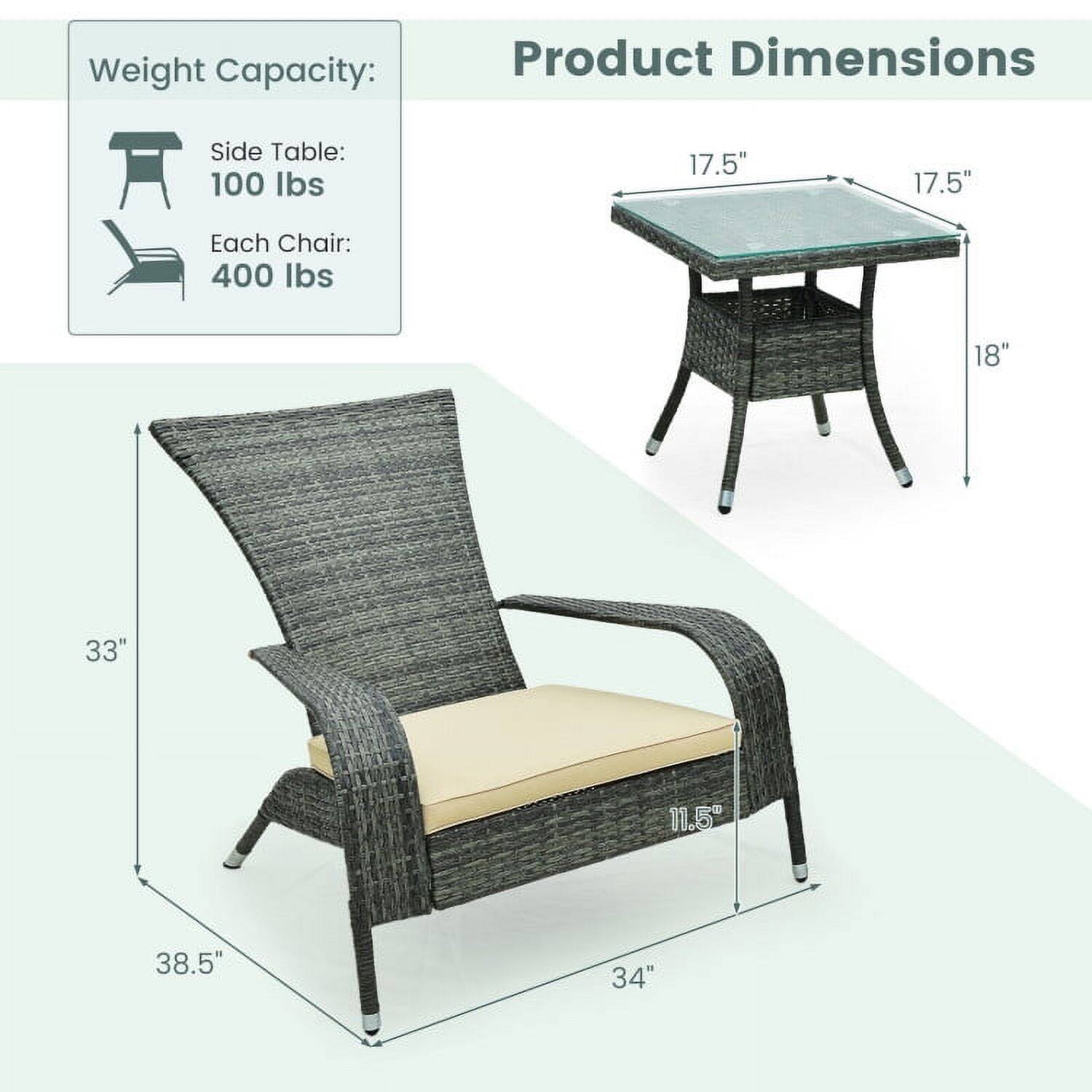 Weight Capacity:  
Side Table: 100 lbs  
Each Chair: 400 lbs  

Product Dimensions:  
Side Table: 17.5" x 17.5" x 18"  
Each Chair: 33" x 38.5" x 34" x 11.5"