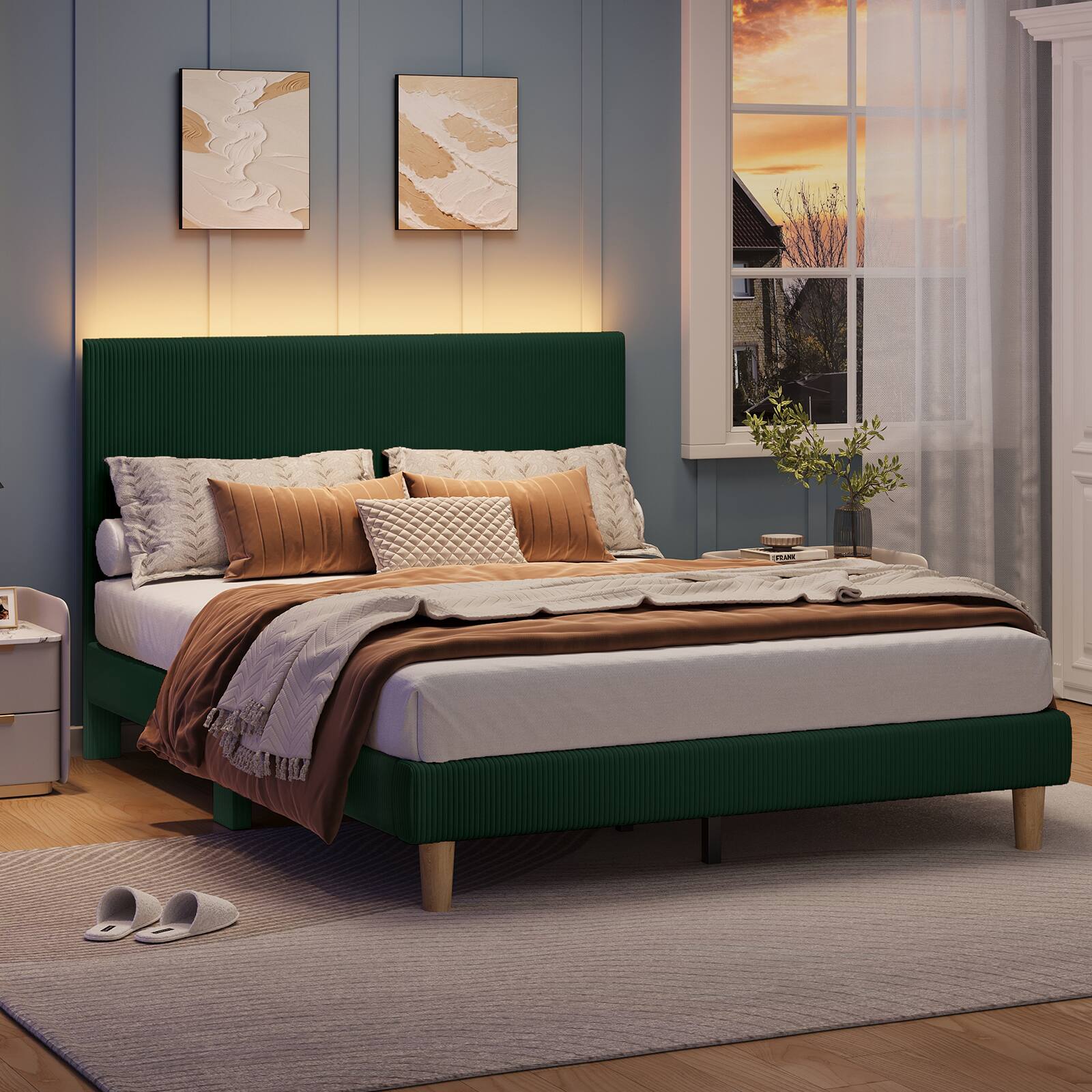 Back. Bestier - Full Size Corduroy Upholstered Bed Frame Adjustable Headboard, Warm LED Light & No Box Spring Needed - Green.