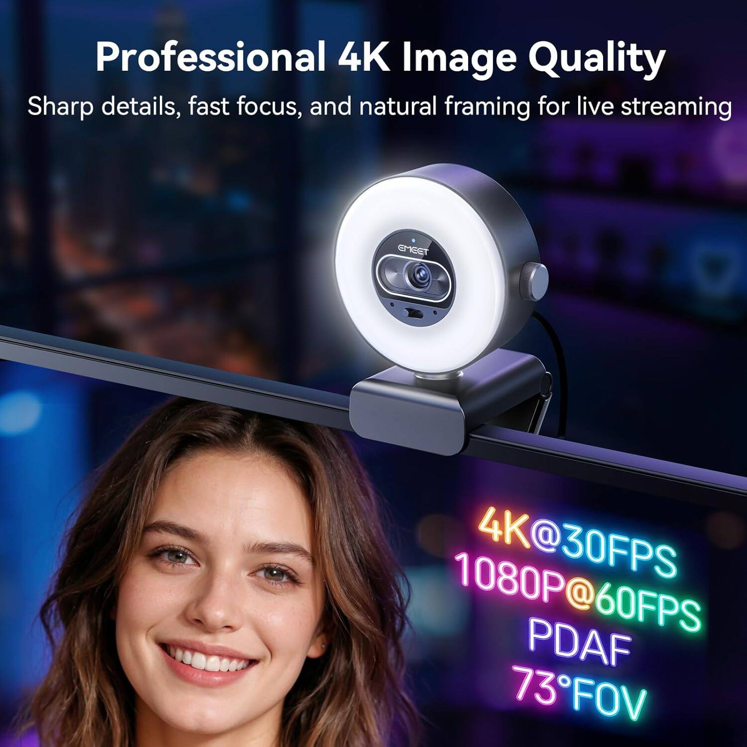 Professional 4K Image Quality  
Sharp details, fast focus, and natural framing for live streaming  

EMECT 4K@30FPS 1080P@60FPS PDAF 73°FOV