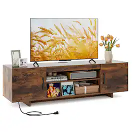 Costway - TV Stand for 70" TVs Modern Entertain Center with Power Outlet & 2 Cable Holes - Brown
