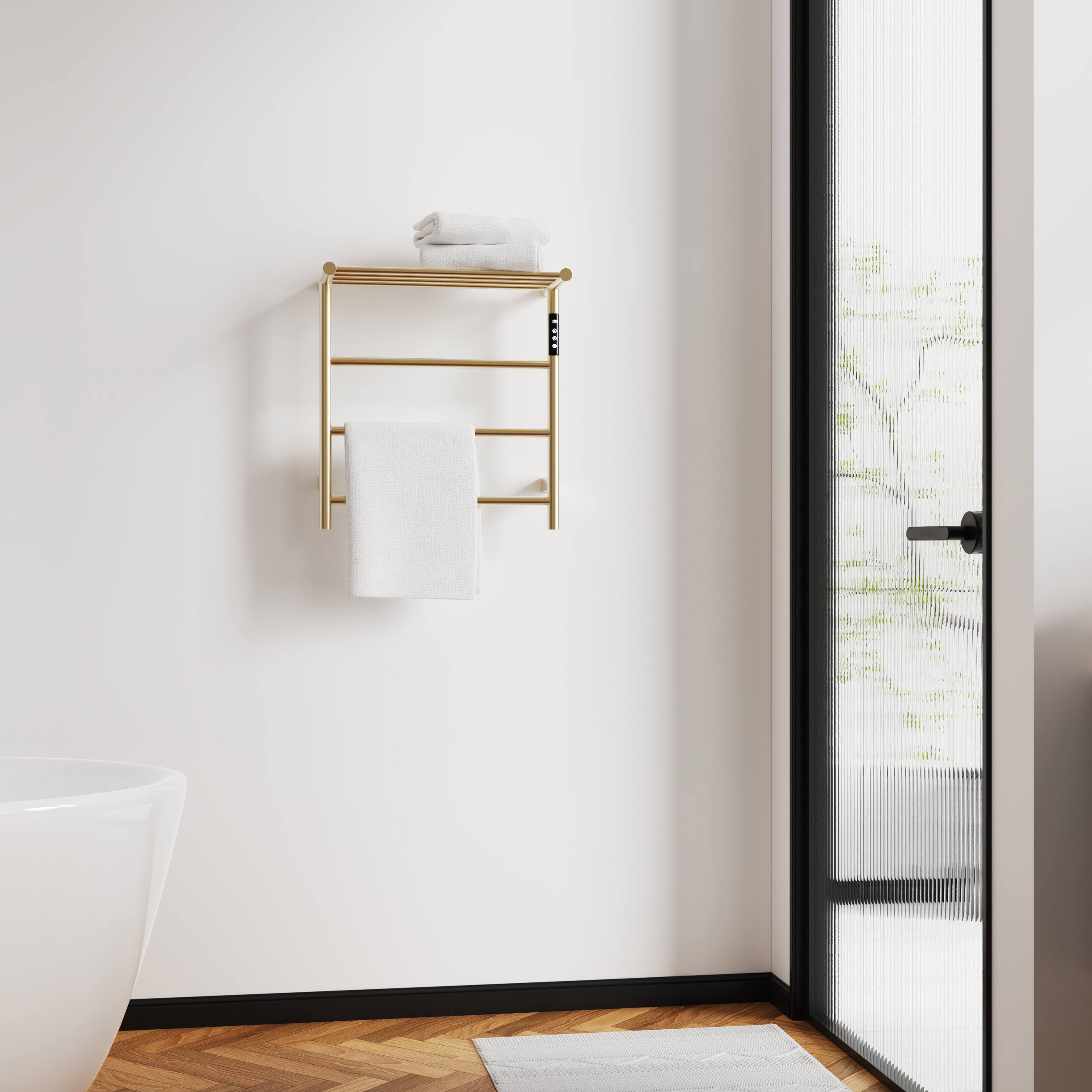 Alt View 1. COWLOWN - Heated Towel Rack w Top Shelf 3-Bar Wall Mounted Warmer Touch Timer 304 Stainless Steel Plug-in Hard-Wired - Stainless Steel Finish (Silver).