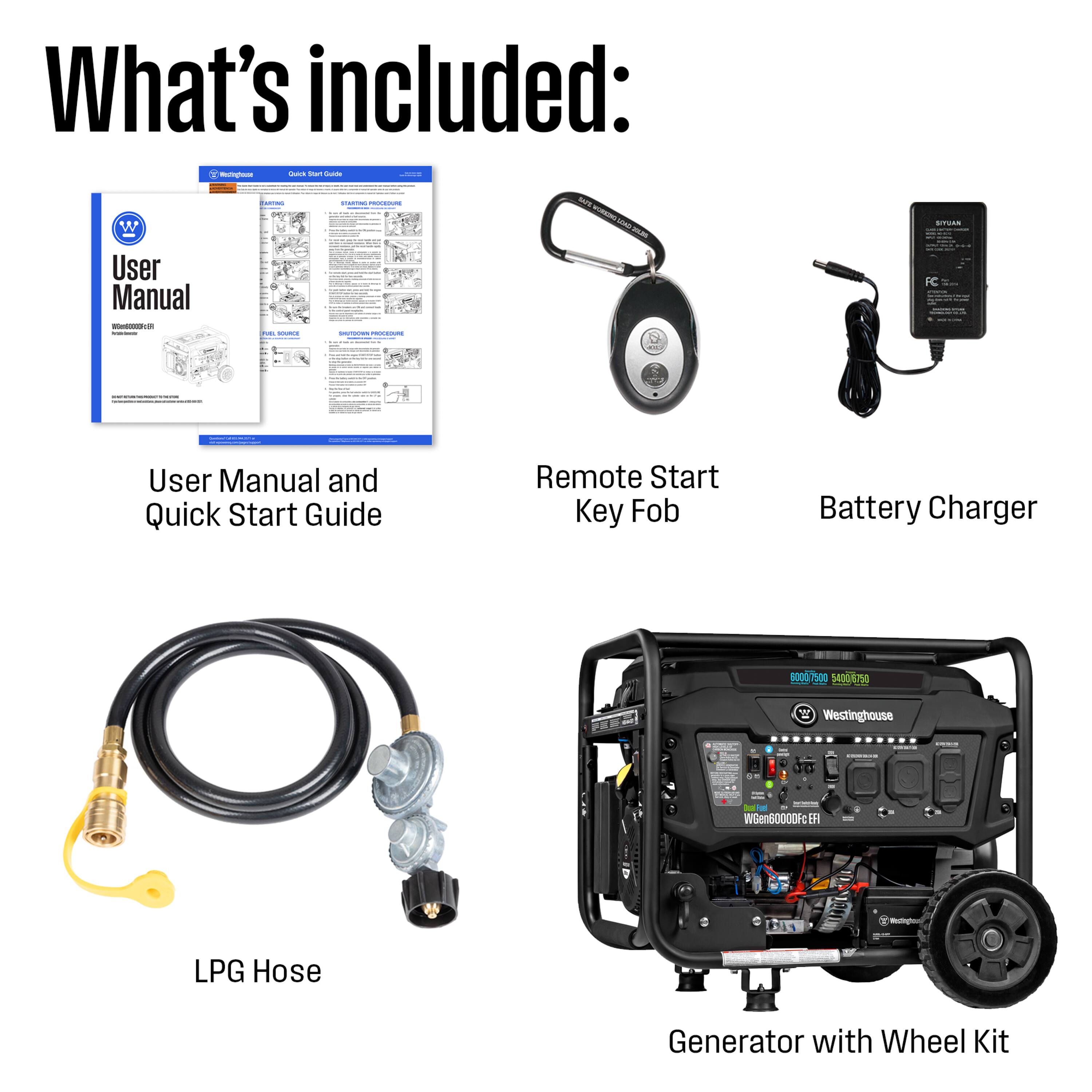 What's included:

- User Manual and Quick Start Guide
- Remote Start Key Fob
- Battery Charger
- LPG Hose
- Generator with Wheel Kit