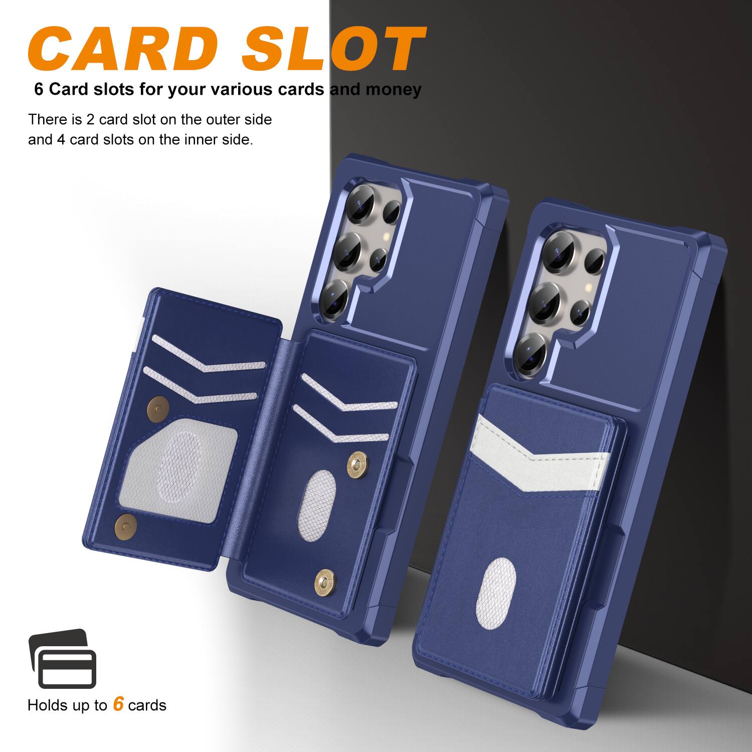 CARD SLOT  
6 Card slots for your various cards and money  
There is 2 card slot on the outer side and 4 card slots on the inner side.  
Holds up to 6 cards