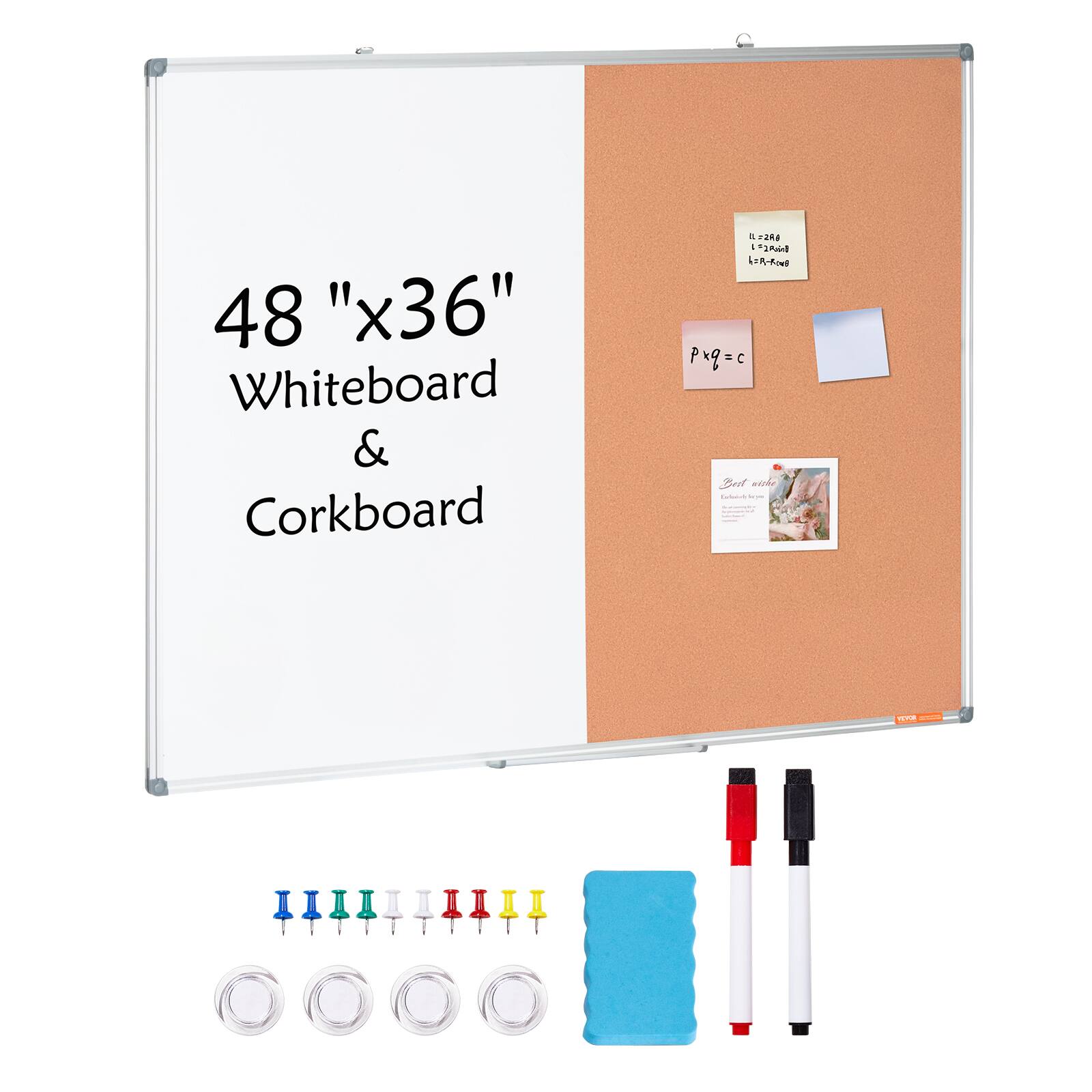 VEVOR - 48"x 36" Whiteboard & Cork Board Combo with Aluminum Frame – 2-in-1 Magnetic Dry Erase Bulletin Board for Wall Mount - Silver
