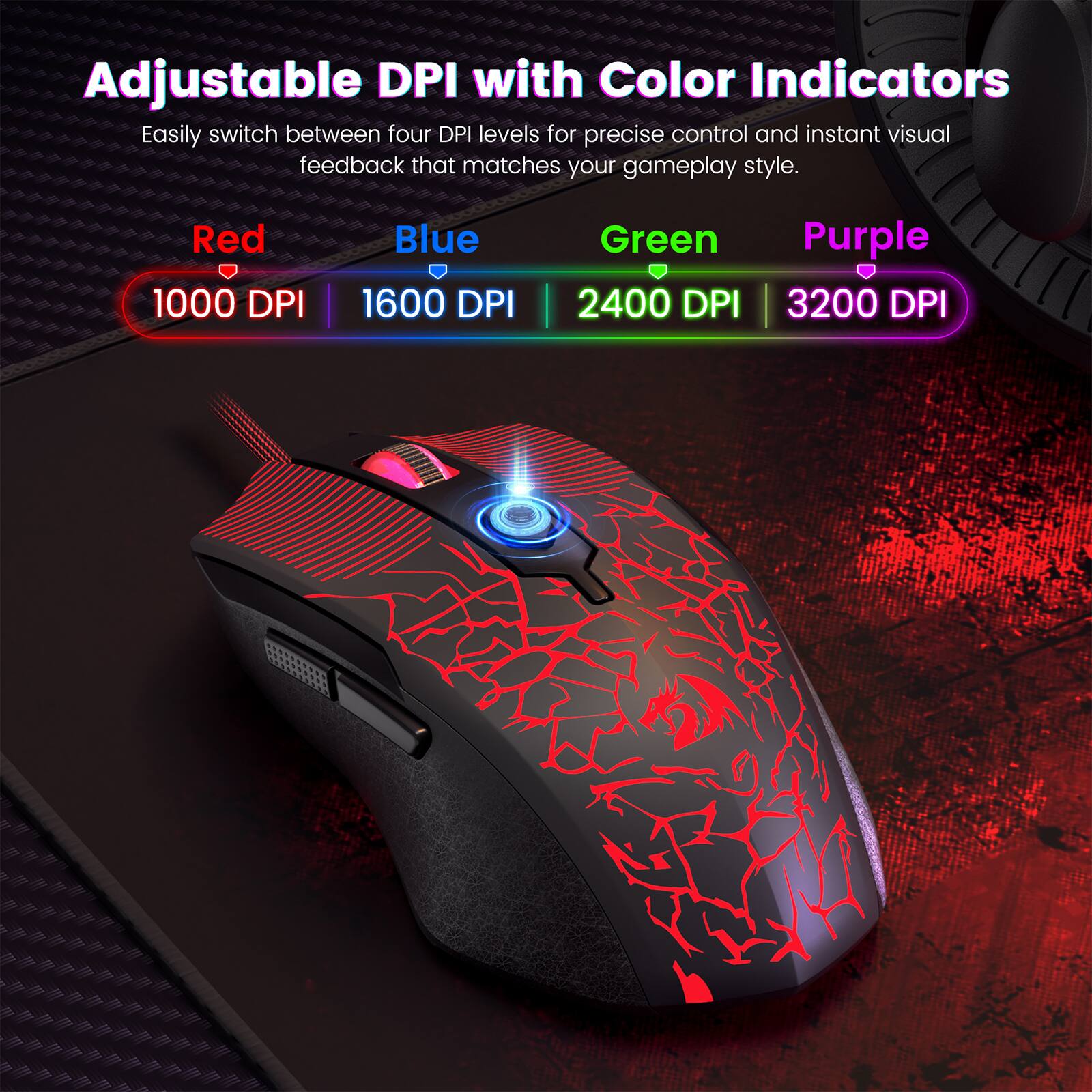 Adjustable DPI with Color Indicators

Easily switch between four DPI levels for precise control and instant visual feedback that matches your gameplay style.

- Red: 1000 DPI
- Blue: 1600 DPI
- Green: 2400 DPI
- Purple: 3200 DPI