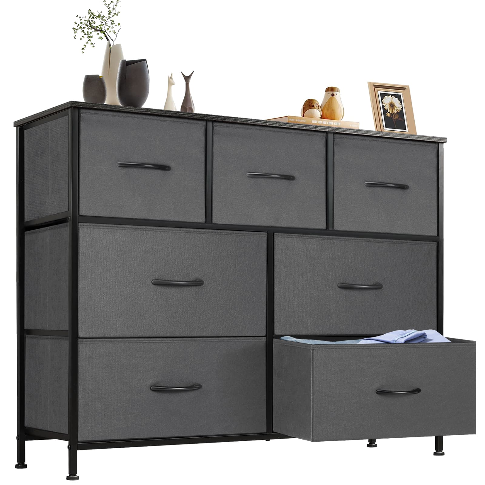 Front. Bestier - 7 Drawer 39.3 in.W Fabric Storage Tower Dresser Wooden Top for Kid Room, Closet, Entryway, Nursery - Gray.