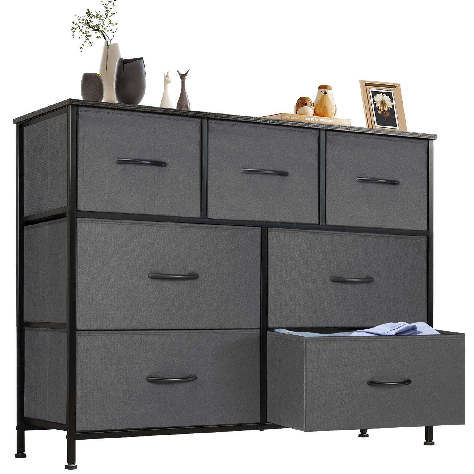 Front. Bestier - 7 Drawer 39.3 in.W Fabric Storage Tower Dresser Wooden Top for Kid Room, Closet, Entryway, Nursery - Gray.