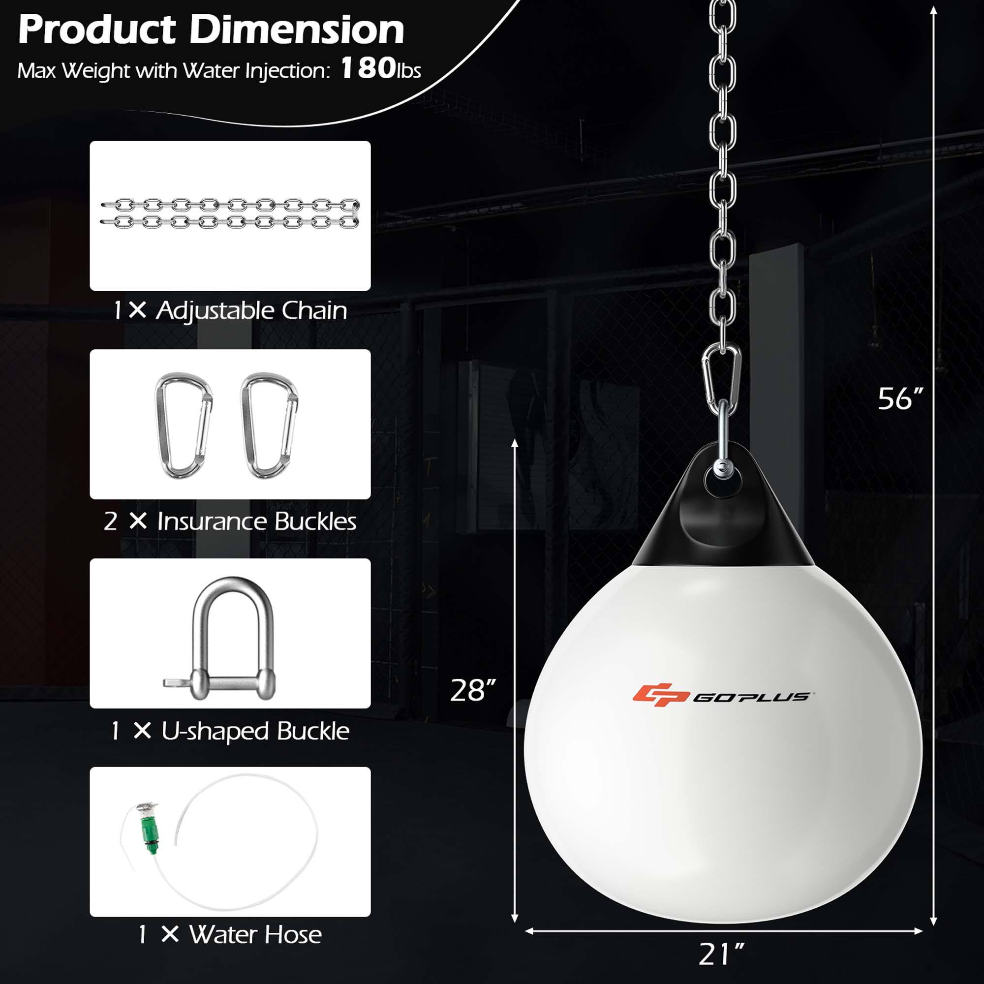 Product Dimension  
Max Weight with Water Injection: 180lbs  

1 X Adjustable Chain  
2 X Insurance Buckles  
1 X U-shaped Buckle  
1 X Water Hose  

Dimensions:  
- 56"  
- 28"  
- 21"