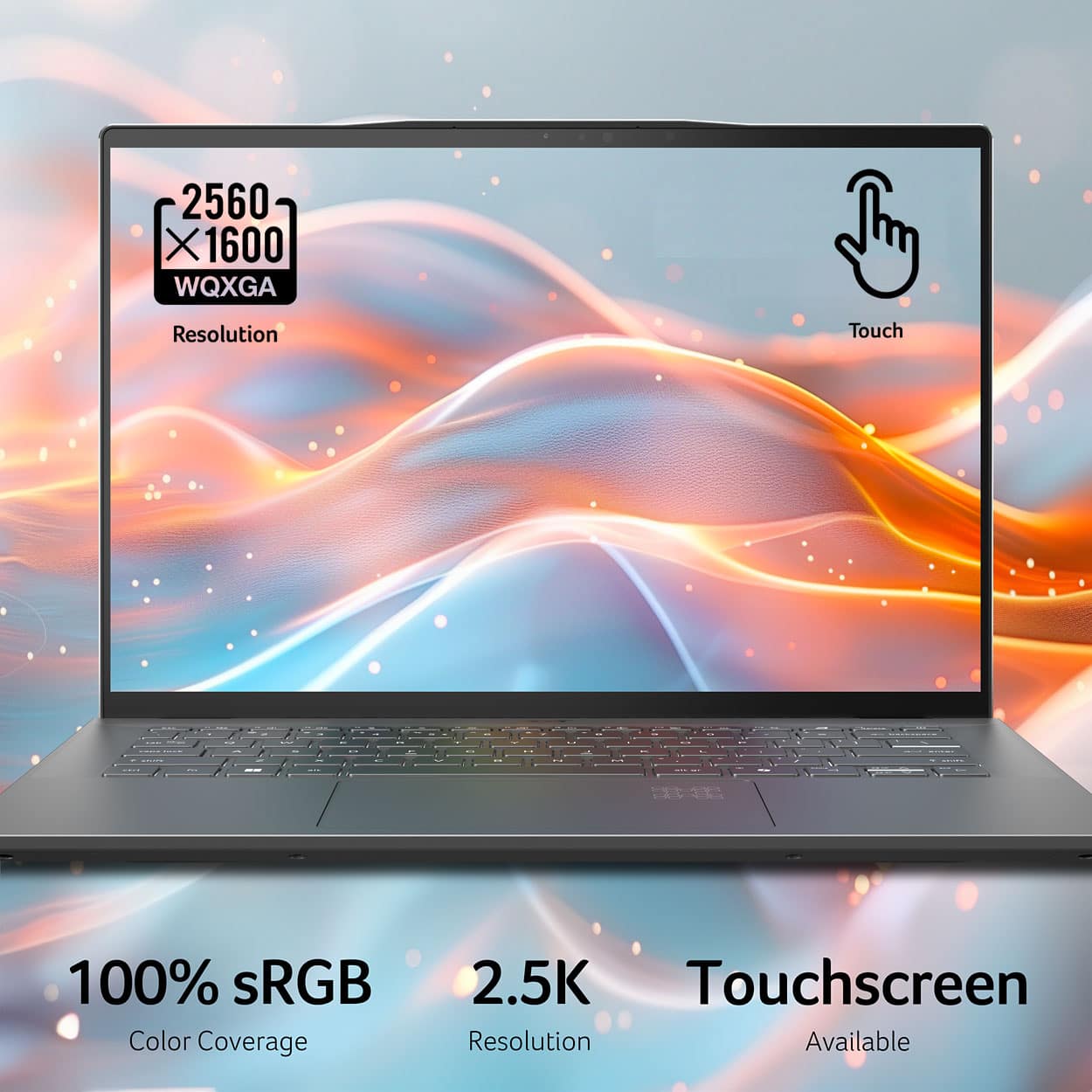 The image features a laptop with a 2560 x 1600 WQXGA resolution touchscreen, offering 100% sRGB color coverage. The laptop is available with a 2.5K touchscreen resolution.
