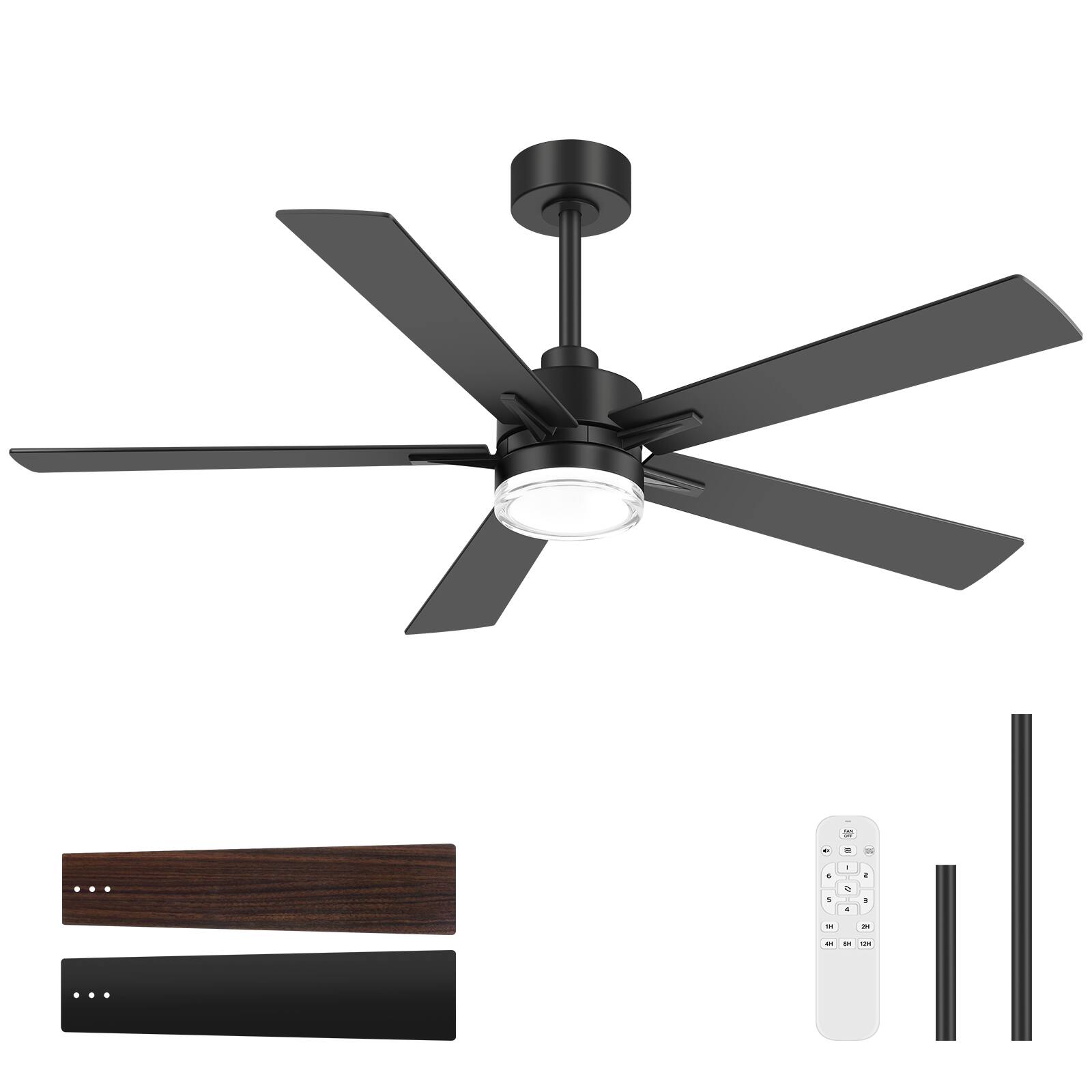 The text in the image is not clearly visible, but based on the context, it appears to be a product listing for a ceiling fan with a light. Here is a possible corrected and grouped version of the text:

---

**Ceiling Fan with Light**

- **Features:**
  - Modern design
  - Includes remote control
  - Adjustable speed settings
  - LED light

- **Specifications:**
  - Material: Metal and wood
  - Color: Black and wood finish
  - Dimensions: [Insert dimensions if available]

- **Includes:**
  - Ceiling fan with light
  - Remote control
  - Installation hardware

- **Warranty:**
  - [Insert warranty details if available]

---

This is a general template based on typical product listings. The actual text may vary.