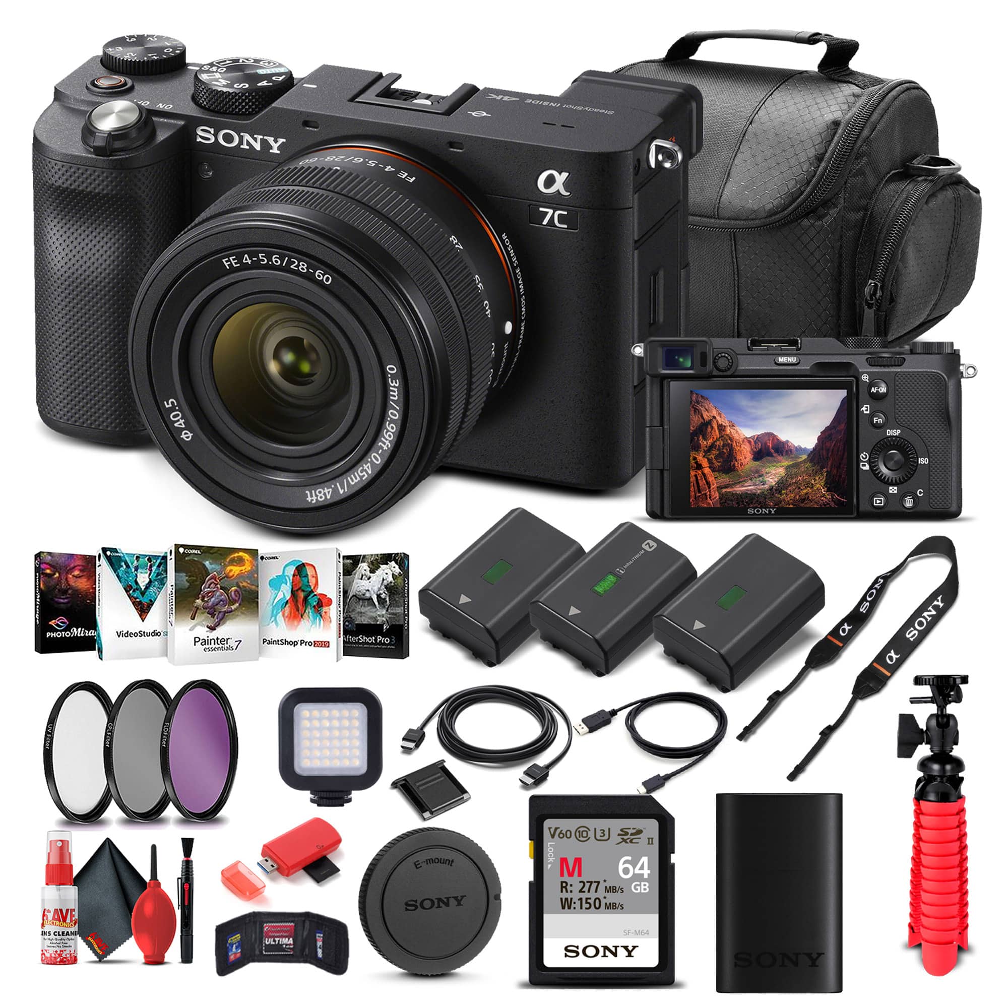 Sony - Alpha a7C Mirrorless Camera with 28-60mm Lens Black Bundle + 64GB Card + 2 Batteries + Case + Charger + More