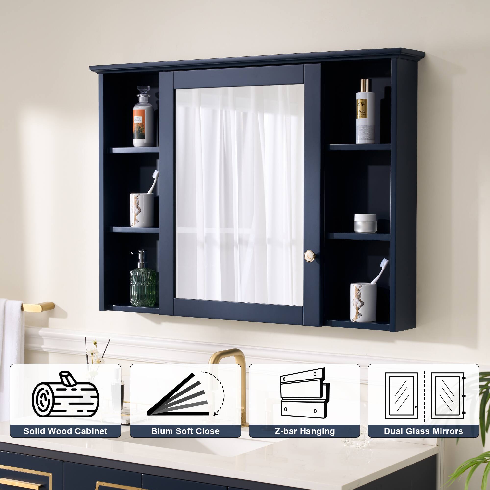 Solid Wood Cabinet Blum Soft Close Z-bar Hanging Dual Glass Mirrors