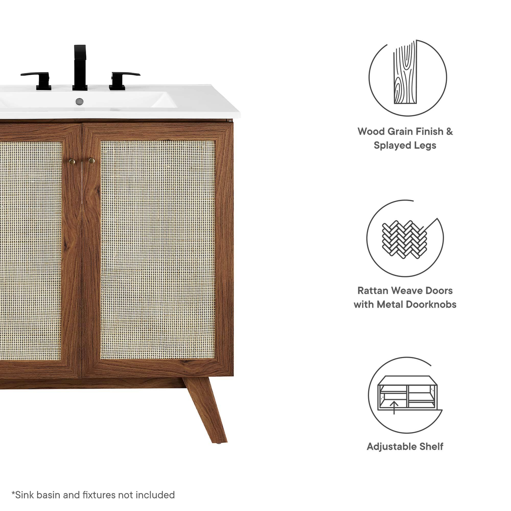 Wood Grain Finish & Splayed Legs  
Rattan Weave Doors with Metal Doorknobs  
Adjustable Shelf  

*Sink basin and fixtures not included