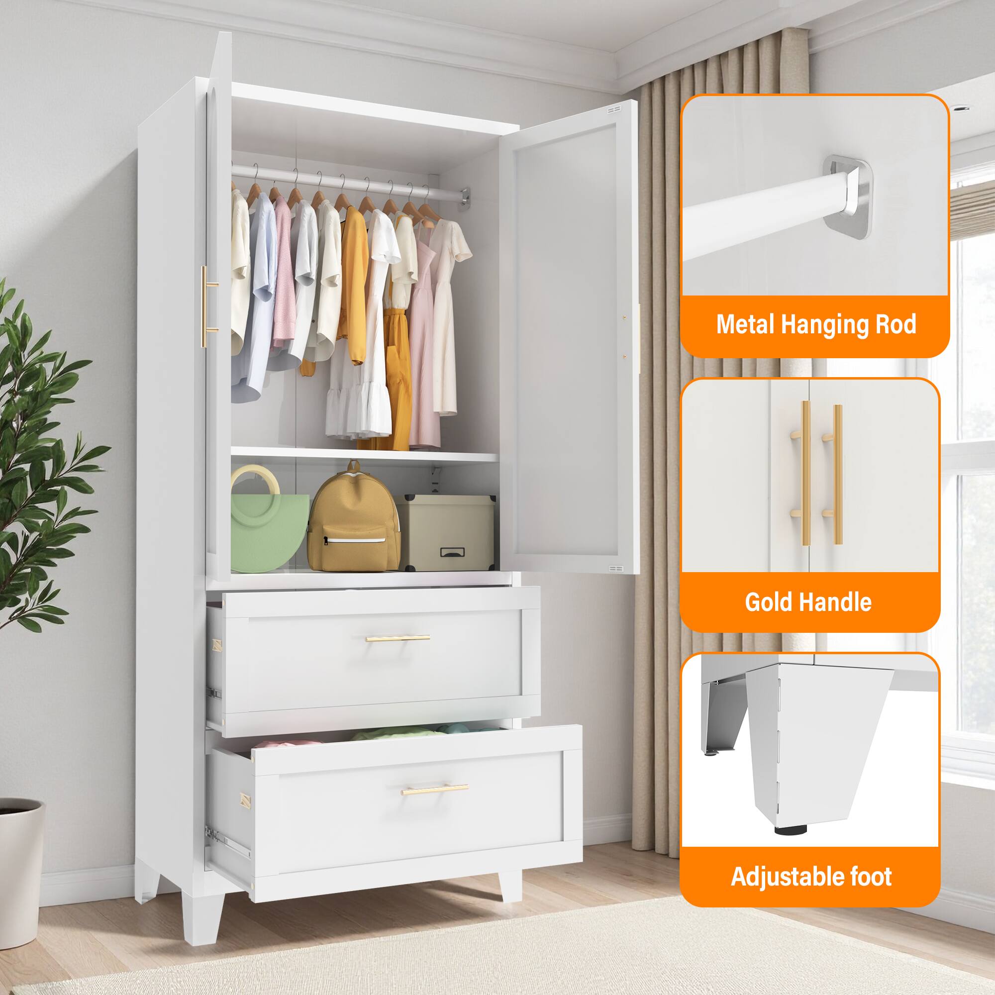 Metal Hanging Rod  
Gold Handle  
Adjustable Foot