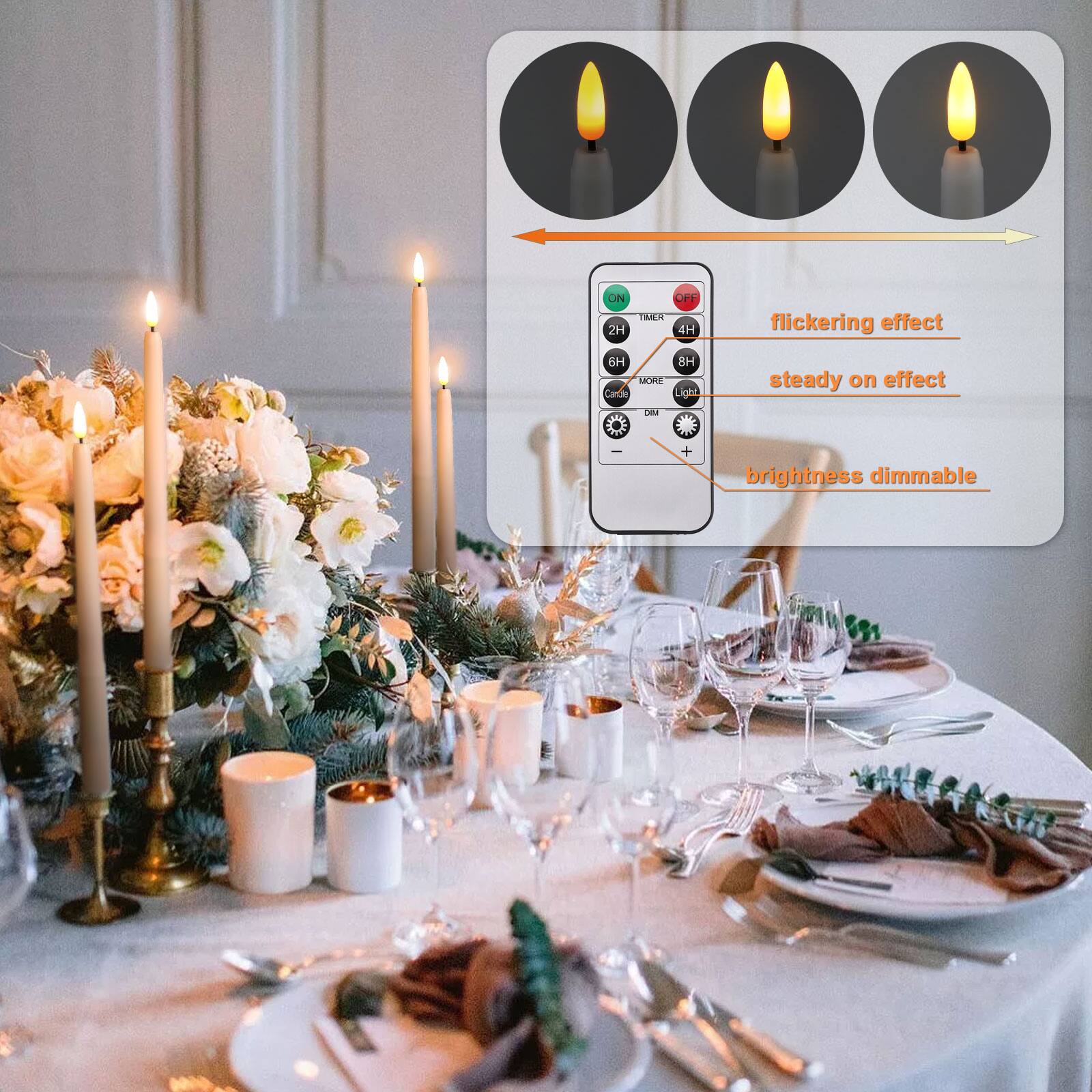 ON OFF TIMER 2H 4H  
flickering effect  
6H 8H MORE Carde Light  
steady on effect  
DIM  
THE  
+  
brightness dimmable
