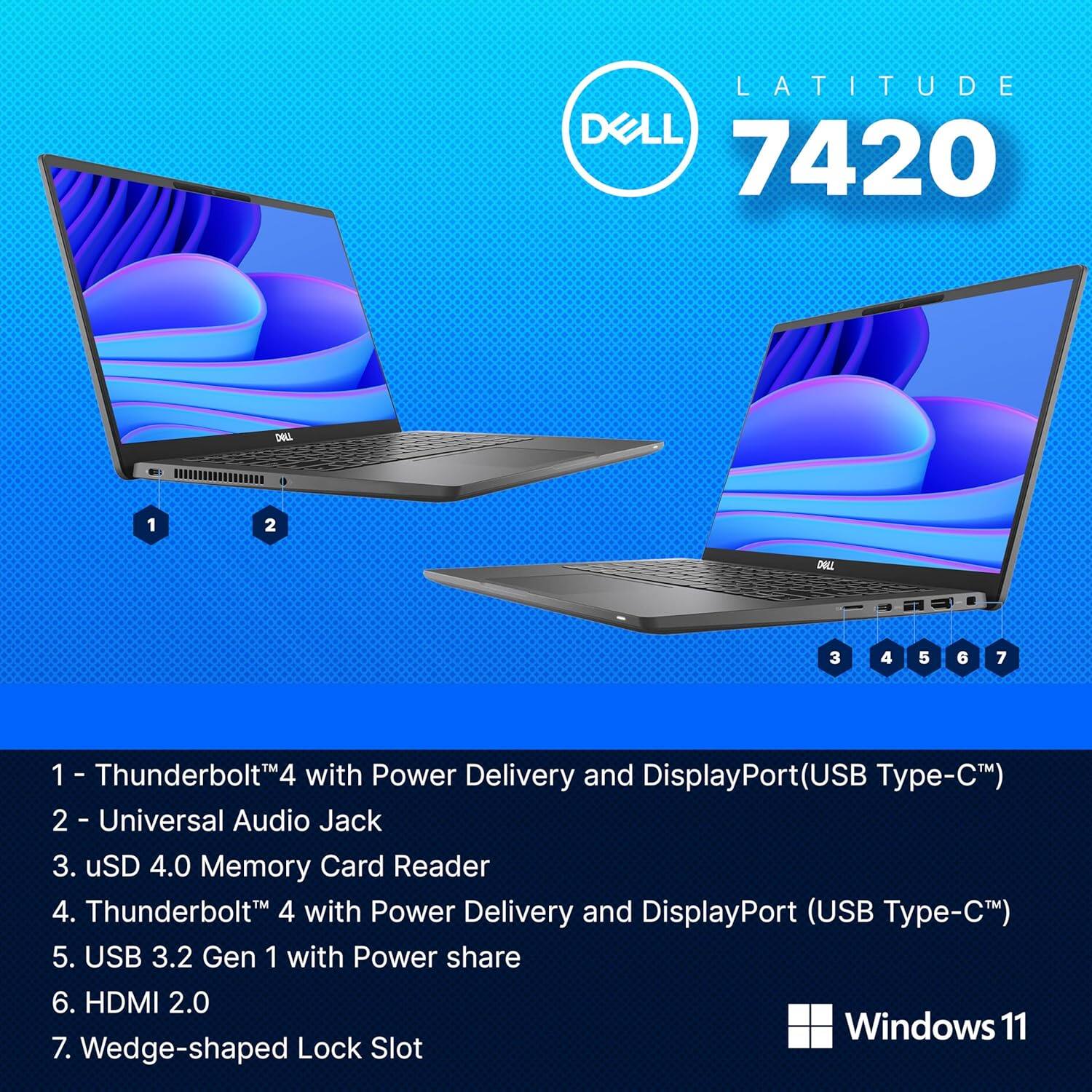 LATITUDE DELL 7420

1. Thunderbolt™4 with Power Delivery and DisplayPort (USB Type-C™)
2. Universal Audio Jack
3. uSD 4.0 Memory Card Reader
4. Thunderbolt™4 with Power Delivery and DisplayPort (USB Type-C™)
5. USB 3.2 Gen 1 with Power share
6. HDMI 2.0
7. Wedge-shaped Lock Slot

Windows 11