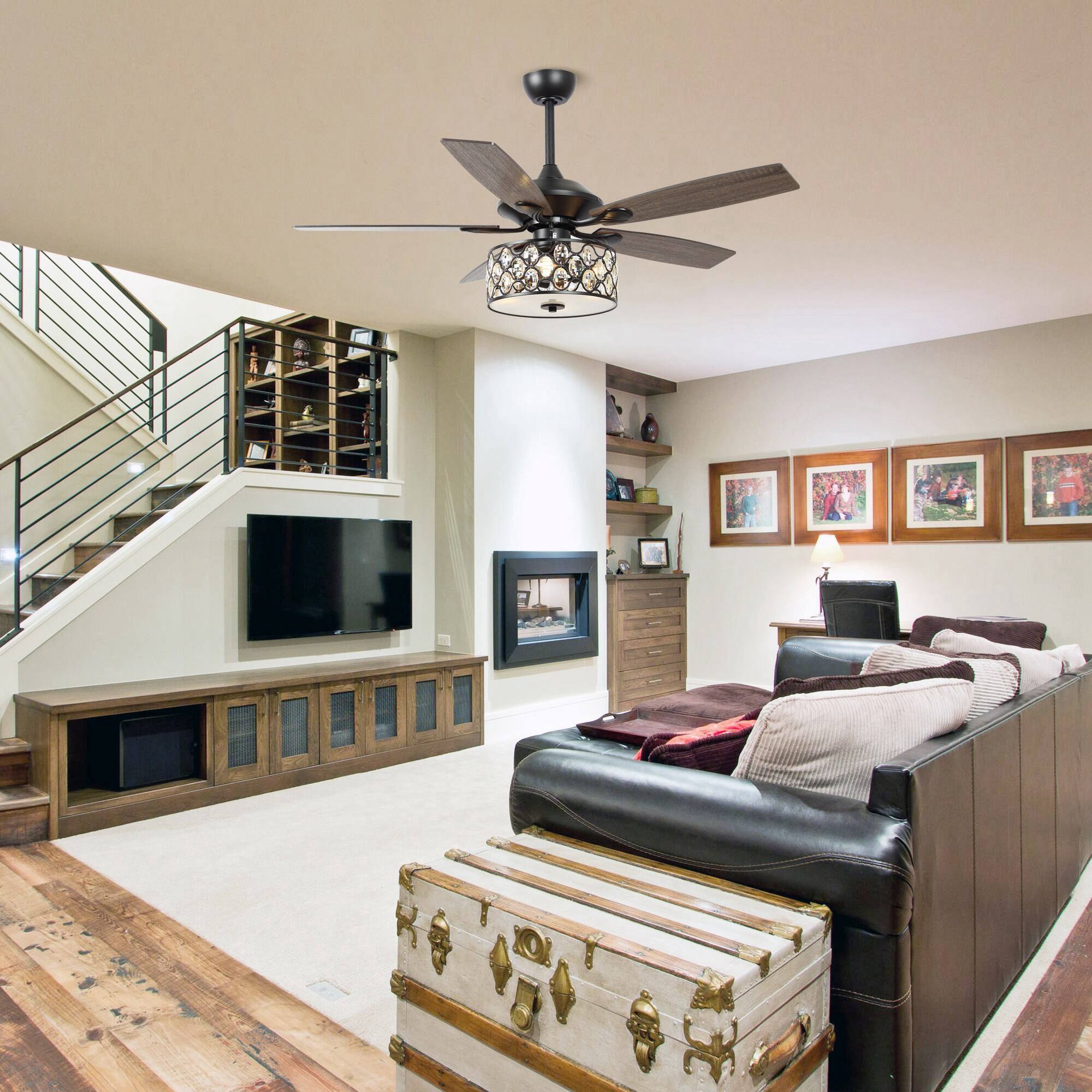 Left. Parrot Uncle - 52" Modern Silver 5-Blade Crystal Ceiling Fan with Remote Control - Black.