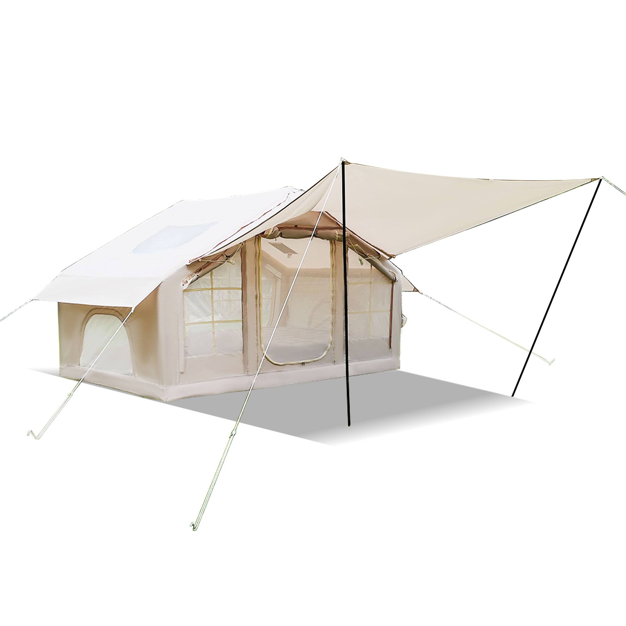 Angle. Tiramisubest - 6.3m² 4-Season Waterproof Inflatable Camping Tent with Canopy, Clear Skylight & Mesh Windows/Doors - Beige.