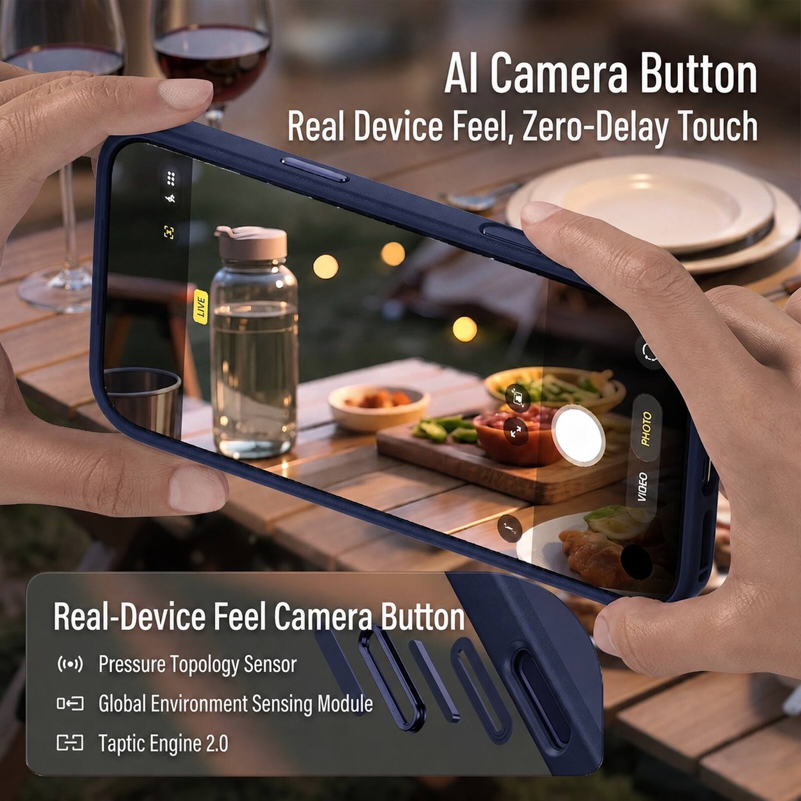 AI Camera Button  
Real Device Feel, Zero-Delay Touch  

Real-Device Feel Camera Button  
(()) Pressure Topology Sensor  
(Global Environment Sensing Module  
Taptic Engine 2.0