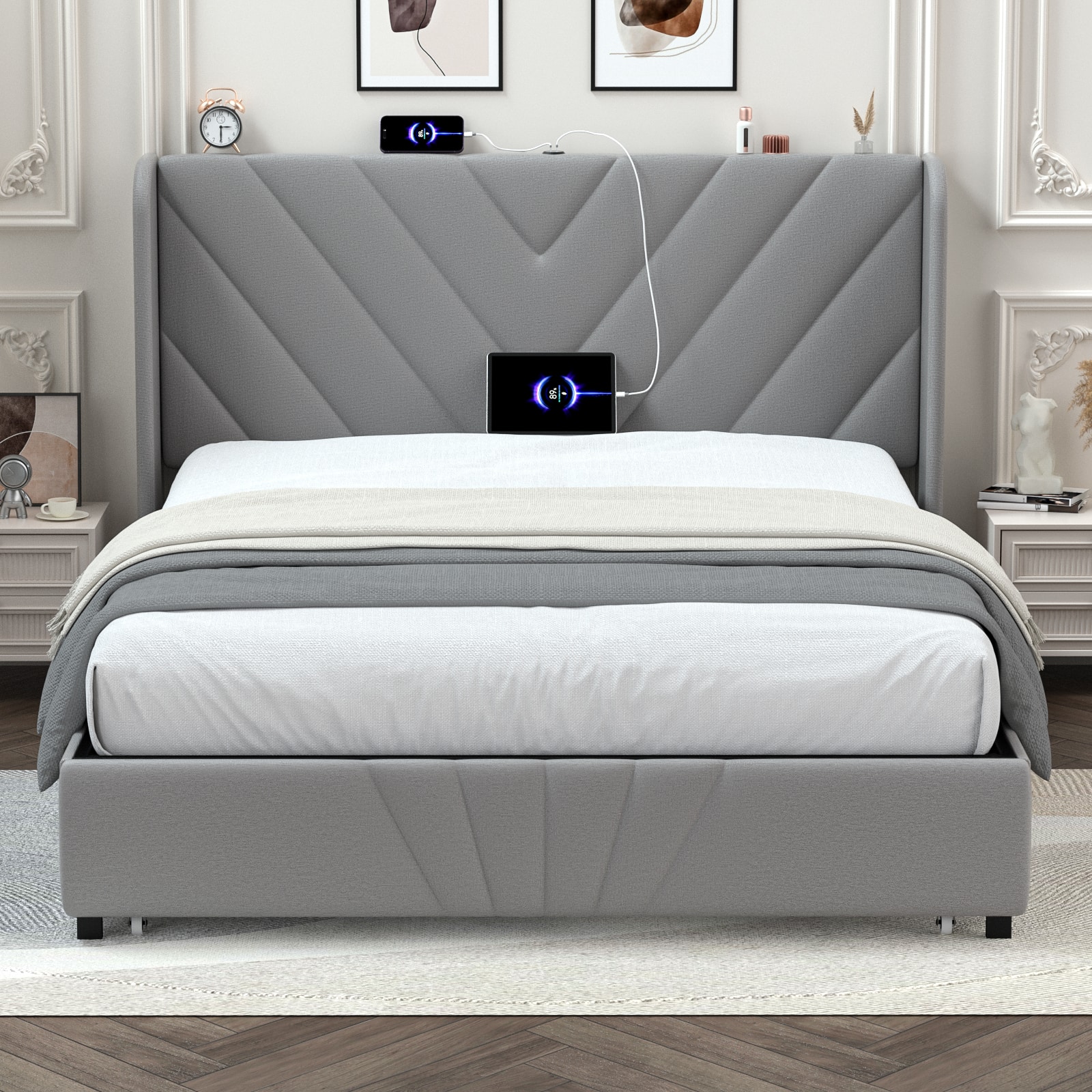 CloudRest Pro - Queen Upholstered Platform Bed Frame with USB,Type-C Ports,Side Drawers and Oversize Footboard Storage,Grey - Gray