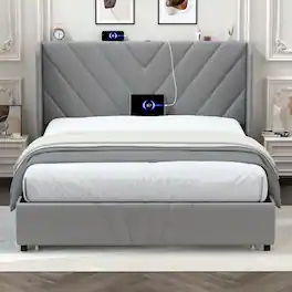CloudRest Pro - Queen Upholstered Platform Bed Frame with USB,Type-C Ports,Side Drawers and Oversize Footboard Storage,Grey - Gray