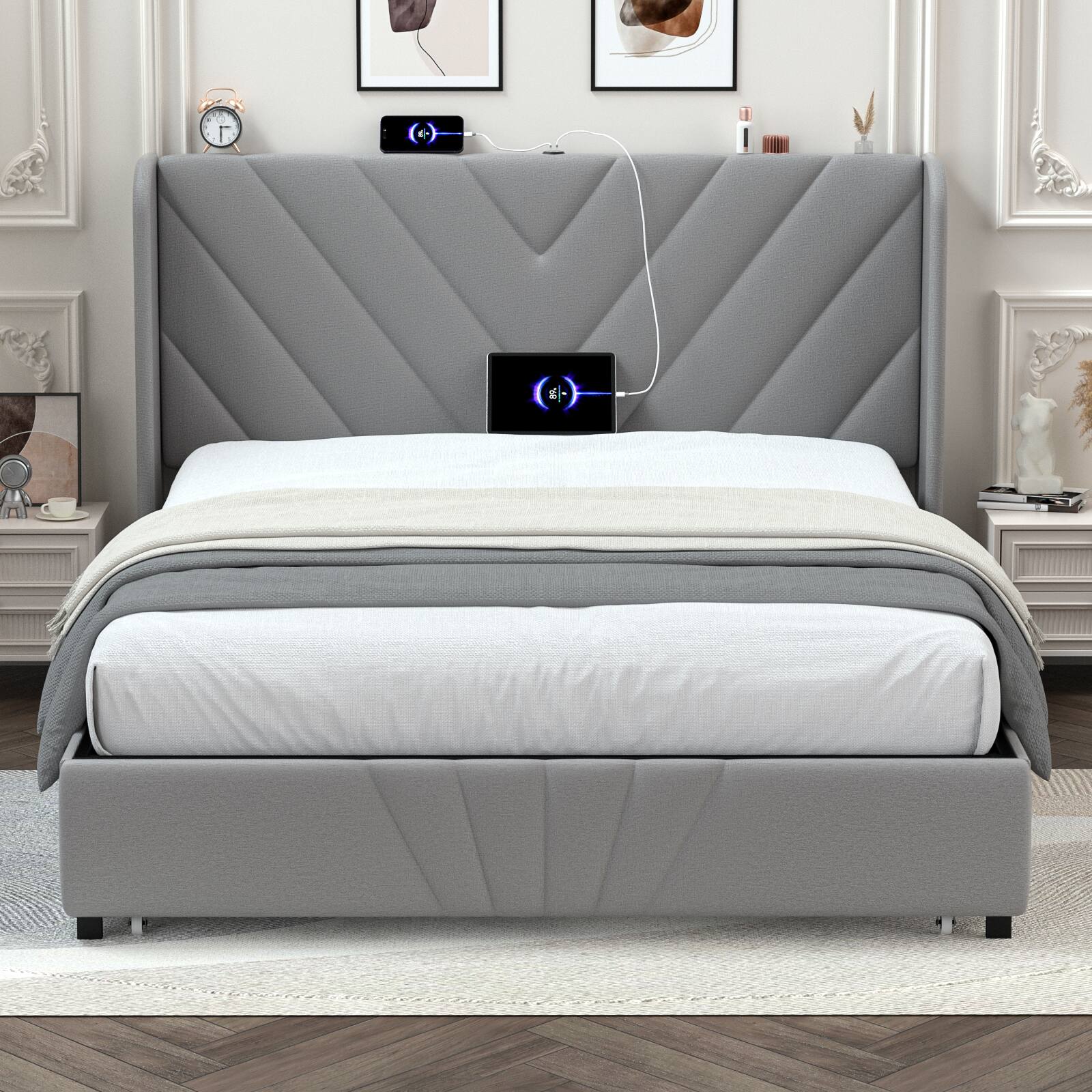 Front. CloudRest Pro - Queen Upholstered Platform Bed Frame with USB,Type-C Ports,Side Drawers and Oversize Footboard Storage,Grey - Grey.