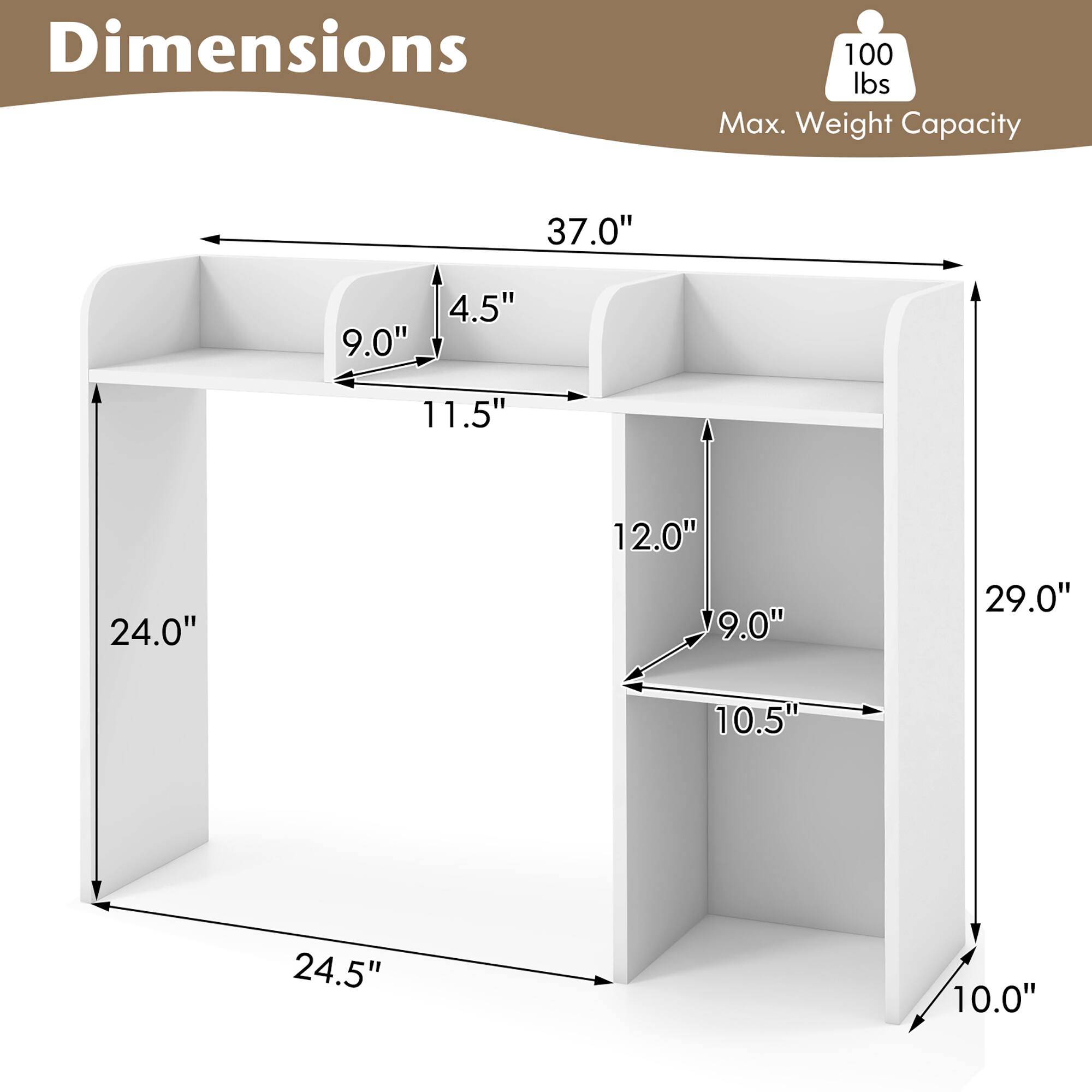 Dimensions: 37.0" x 9.0" x 4.5"
Max. Weight Capacity: 100 lbs