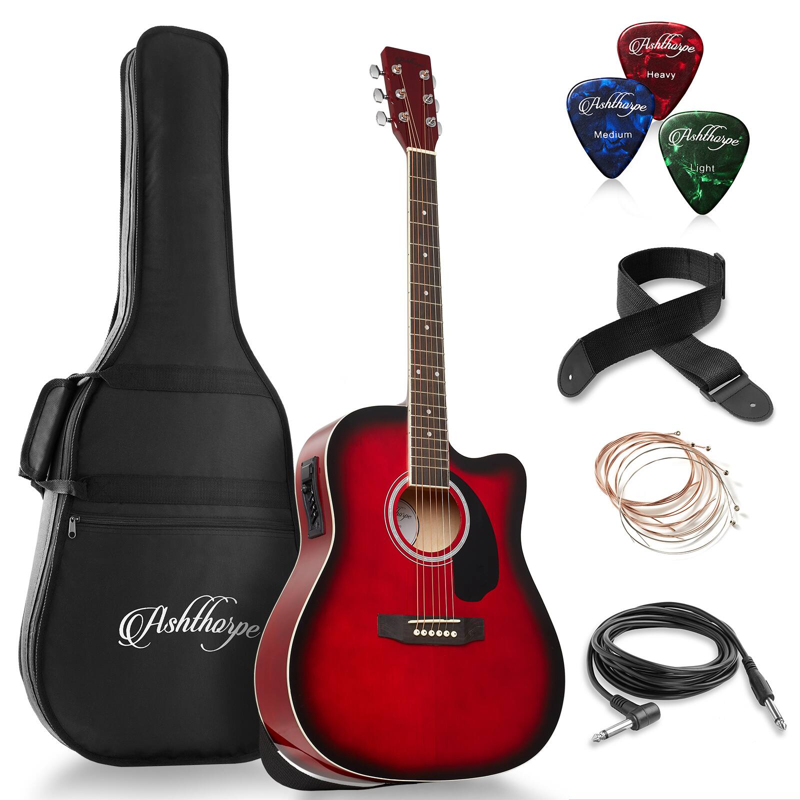 Ashthorpe - Full-Size Dreadnought Cutaway Acoustic-Electric Guitar Bundle - Red