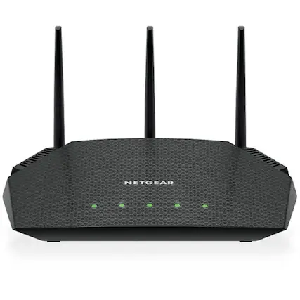Front. NETGEAR - RAX36-100PAR AX3000 Nighthawk 4-Stream AX4 Up to 3 Gbps Wireless Speed WiFi 6 Router - Refurbished Excellent - Black.