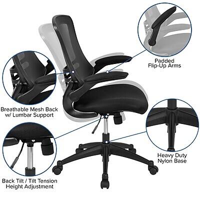 Padded Flip-Up Arms  
Breathable Mesh Back w/ Lumbar Support  
Heavy Duty Nylon Base  
Back Tilt / Tilt Tension Height Adjustment