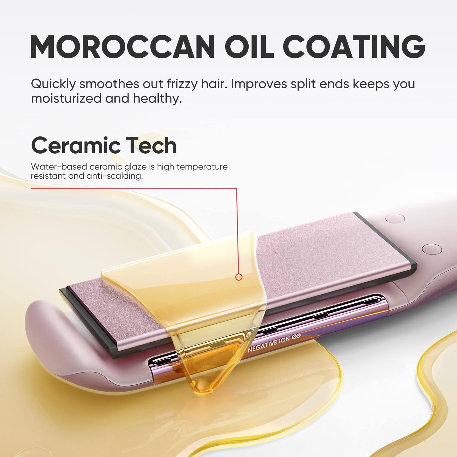 **MOROCCAN OIL COATING**

Quickly smoothes out frizzy hair. Improves split ends keeps you moisturized and healthy.

**Ceramic Tech**

Water-based ceramic glaze is high temperature resistant and anti-scalding.

**ION 00 NEGATIVE**