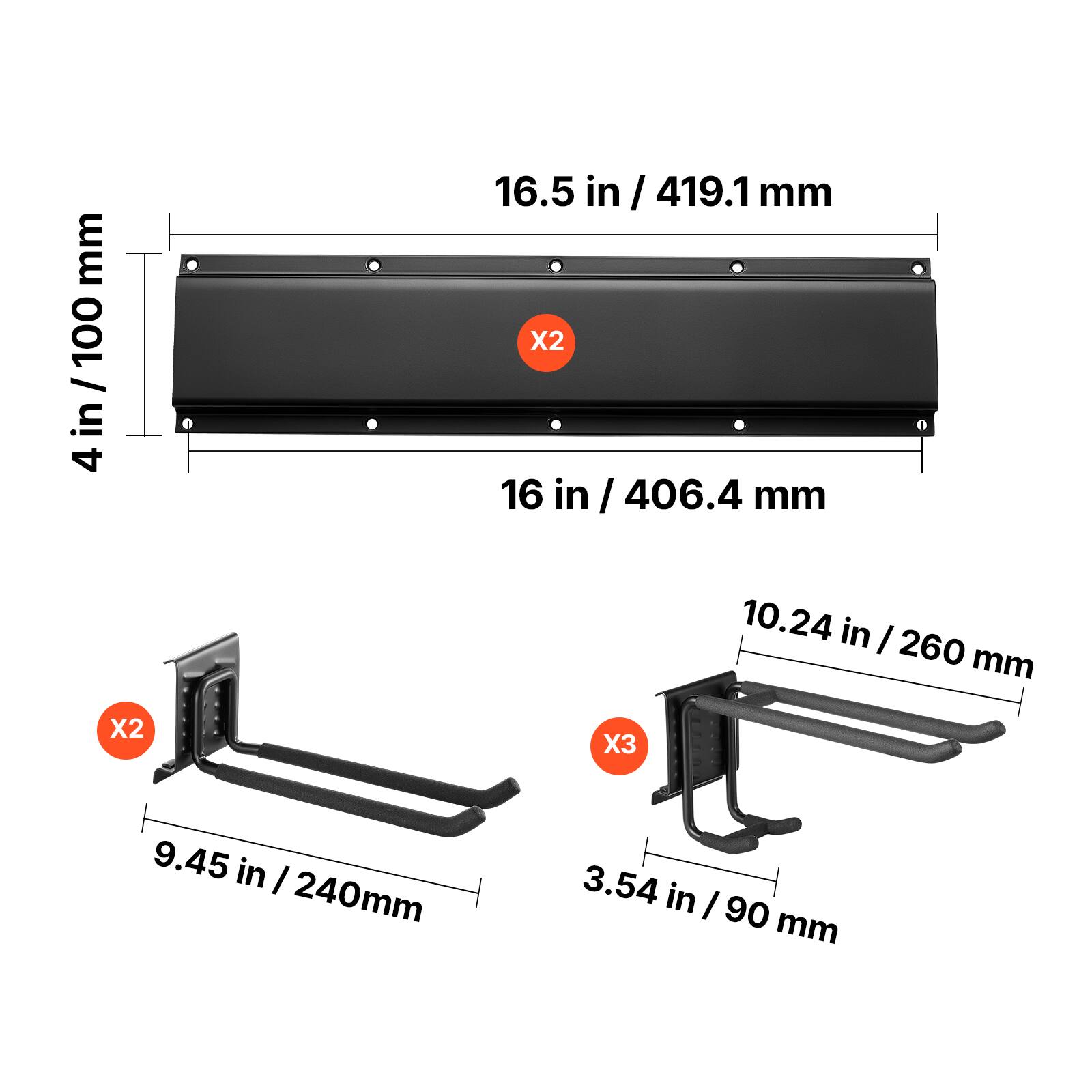 16.5 in / 419.1 mm  
16 in / 406.4 mm  
10.24 in / 260 mm  
9.45 in / 240 mm  
3.54 in / 90 mm