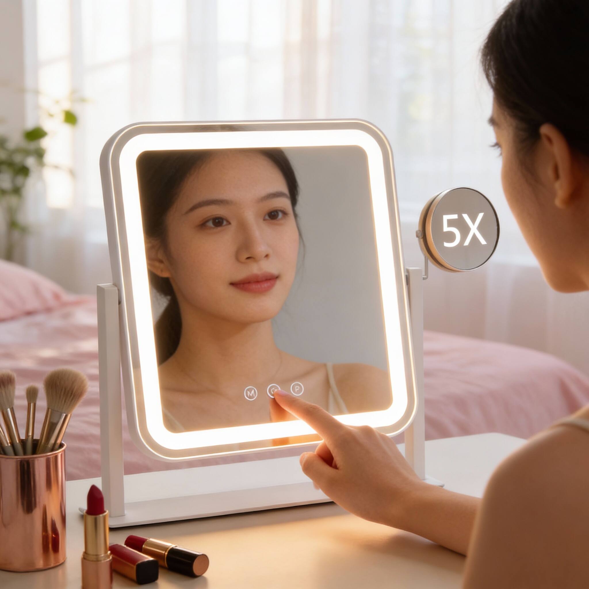 Back. PO3TICJUNKI3 - LED Vanity Mirror 3-Light Modes 5X Magnification Touch Control 360° Rotating - 14.1"L x 12"W.
