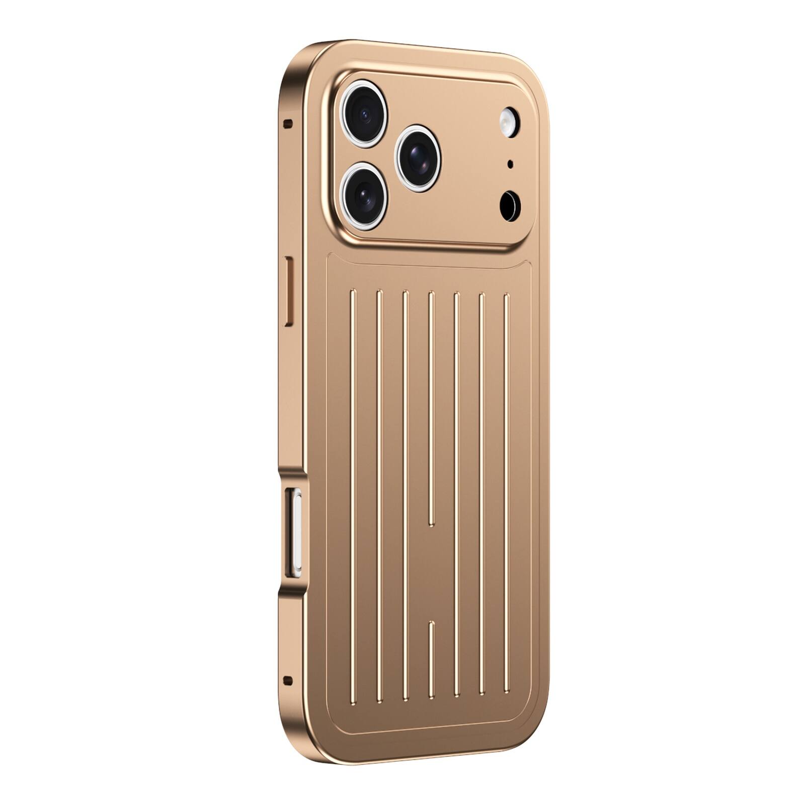 Angle. Dteck - Full Body Case for Apple iPhone 17 Pro Max with Built-in Glass Screen Protector, Aluminum Alloy Bumper Rugged Cover - Gold.