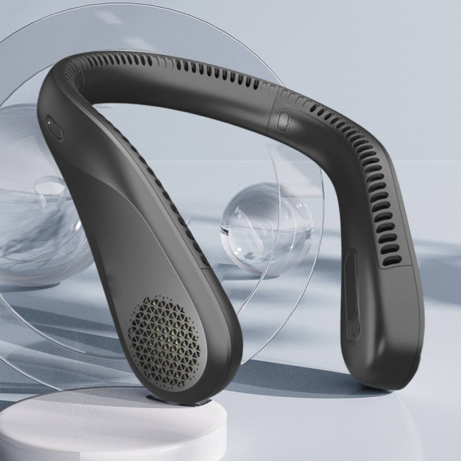 Front. AENKYO - Portable Neck Fan, Hands-Free Bladeless, 3 Speeds, Operated Wearable Personal Fan, Twistable, Rechargeable, - Black.