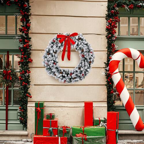 Alt View 8. Winado - Christmas Pre-lit Snow Flocked 48in Wreath with LED Lights, DIY Ornaments for Indoor Outdoor Holiday Party Decorations - Snowy Green.