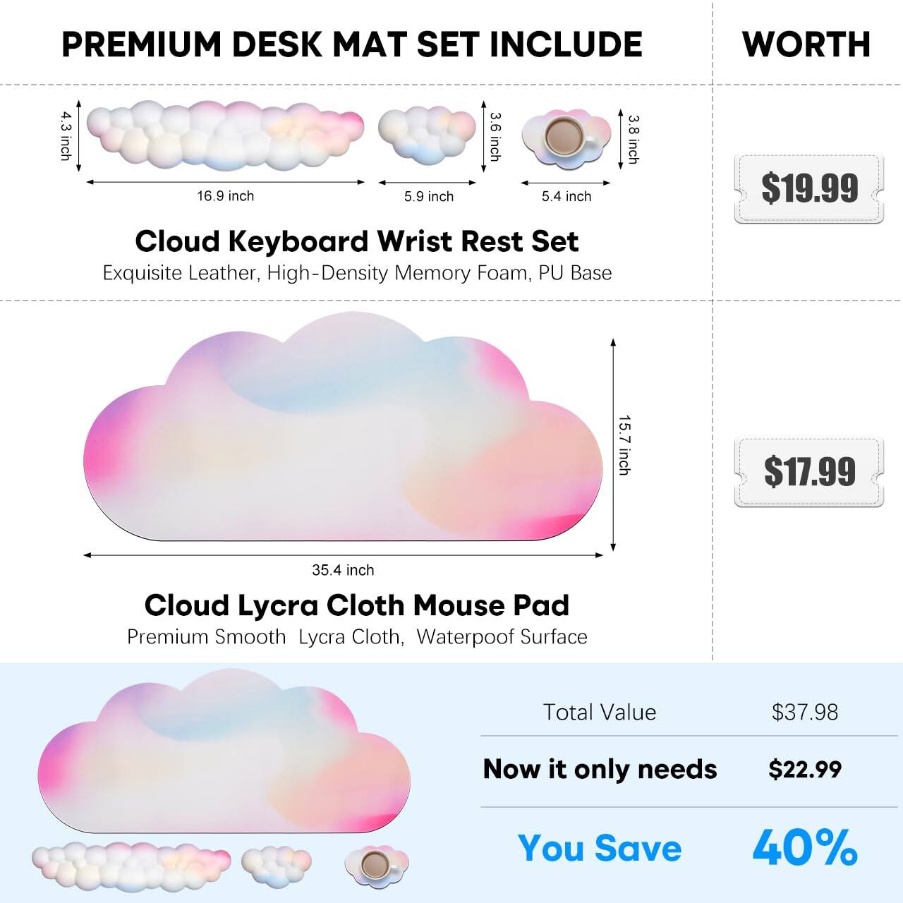 **PREMIUM DESK MAT SET INCLUDE**

- **Cloud Keyboard Wrist Rest Set**
  - Dimensions: 4.3 inch x 16.9 inch x 5.9 inch
  - Features: Exquisite Leather, High-Density Memory Foam, PU Base
  - Price: $19.99

- **Cloud Lycra Cloth Mouse Pad**
  - Dimensions: 35.4 inch x 15.7 inch
  - Features: Premium Smooth Lycra Cloth, Waterproof Surface
  - Price: $17.99

**WORTH**
- Total Value: $37.98

**Now it only needs $22.99**

**You Save 40%**