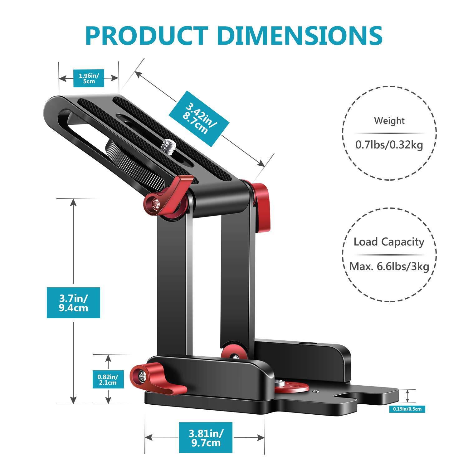 PRODUCT DIMENSIONS  
1.96in/5cm  
3.42in/8.7cm  
3.7in/9.4cm  
0.82in/2.1cm  
0.19in/0.5cm  
3.81in/9.7cm  

Weight: 0.7lbs/0.32kg  
Load Capacity Max.: 6.6lbs/3kg