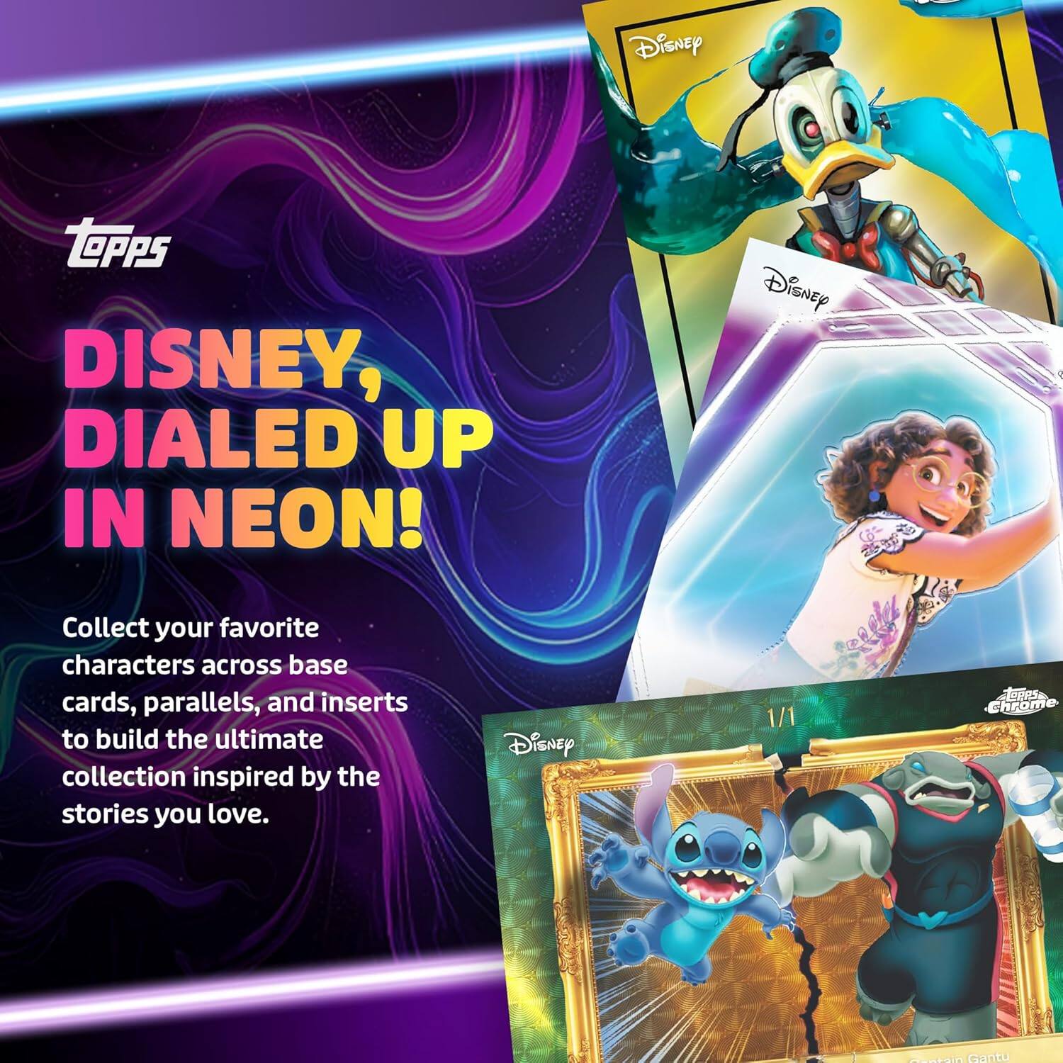 Disney / TOPPS  
DISNEY, DIALED UP IN NEON!  
Collect your favorite characters across base cards, parallels, and inserts to build the ultimate Disney collection inspired by the stories you love.  

Disney 1/1 R P3E Chrom - Canto